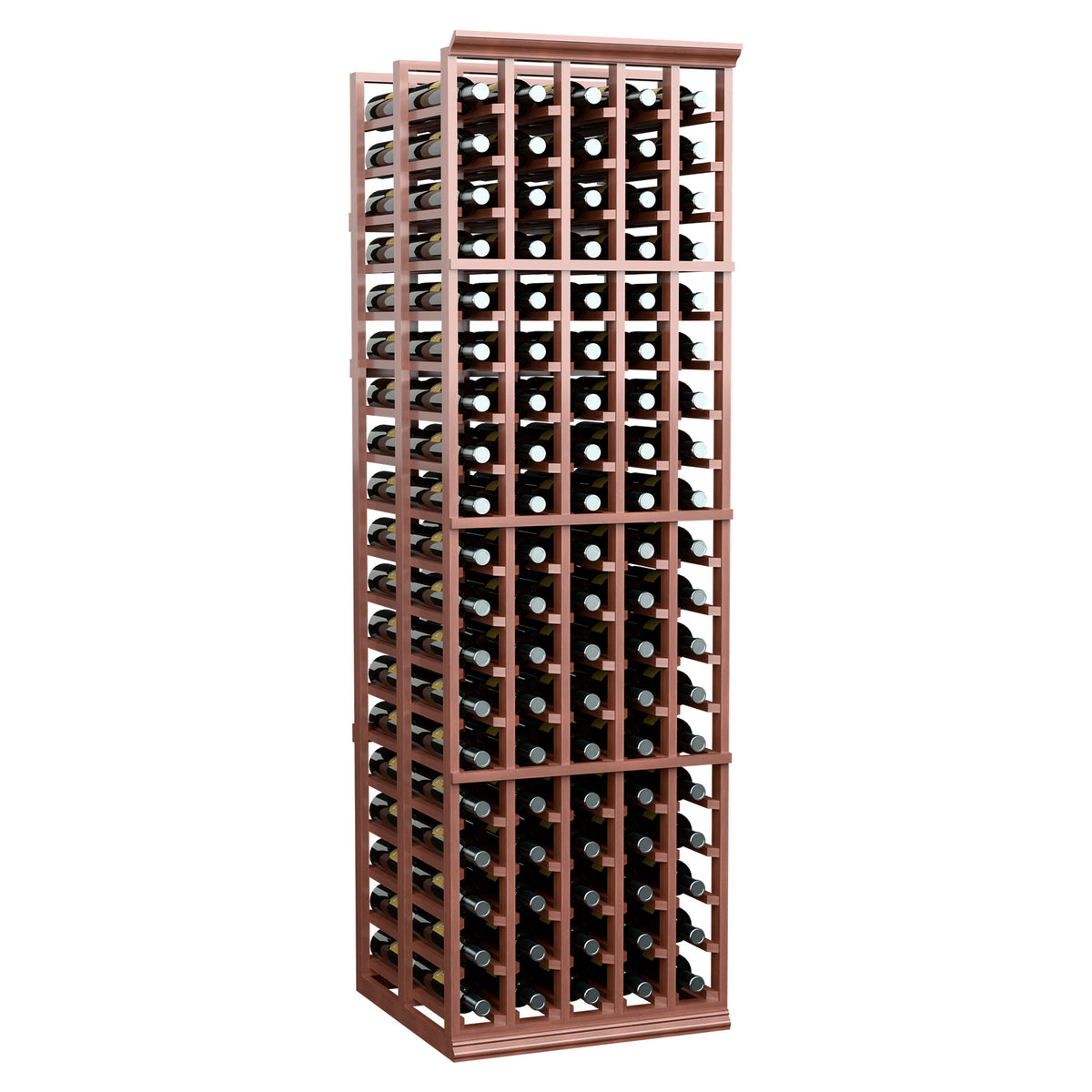 Double-deep wine bottle rack, dark brown frame with front grid and side bottle openings