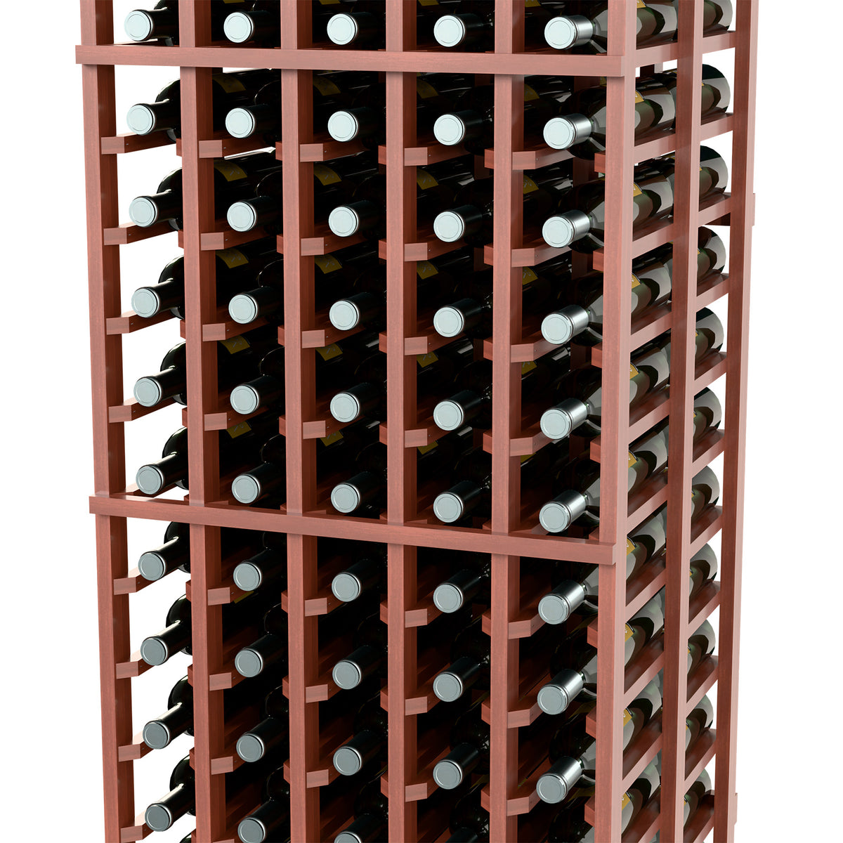 Double-deep wine bottle rack detail, dark brown frame with bottles in square compartments