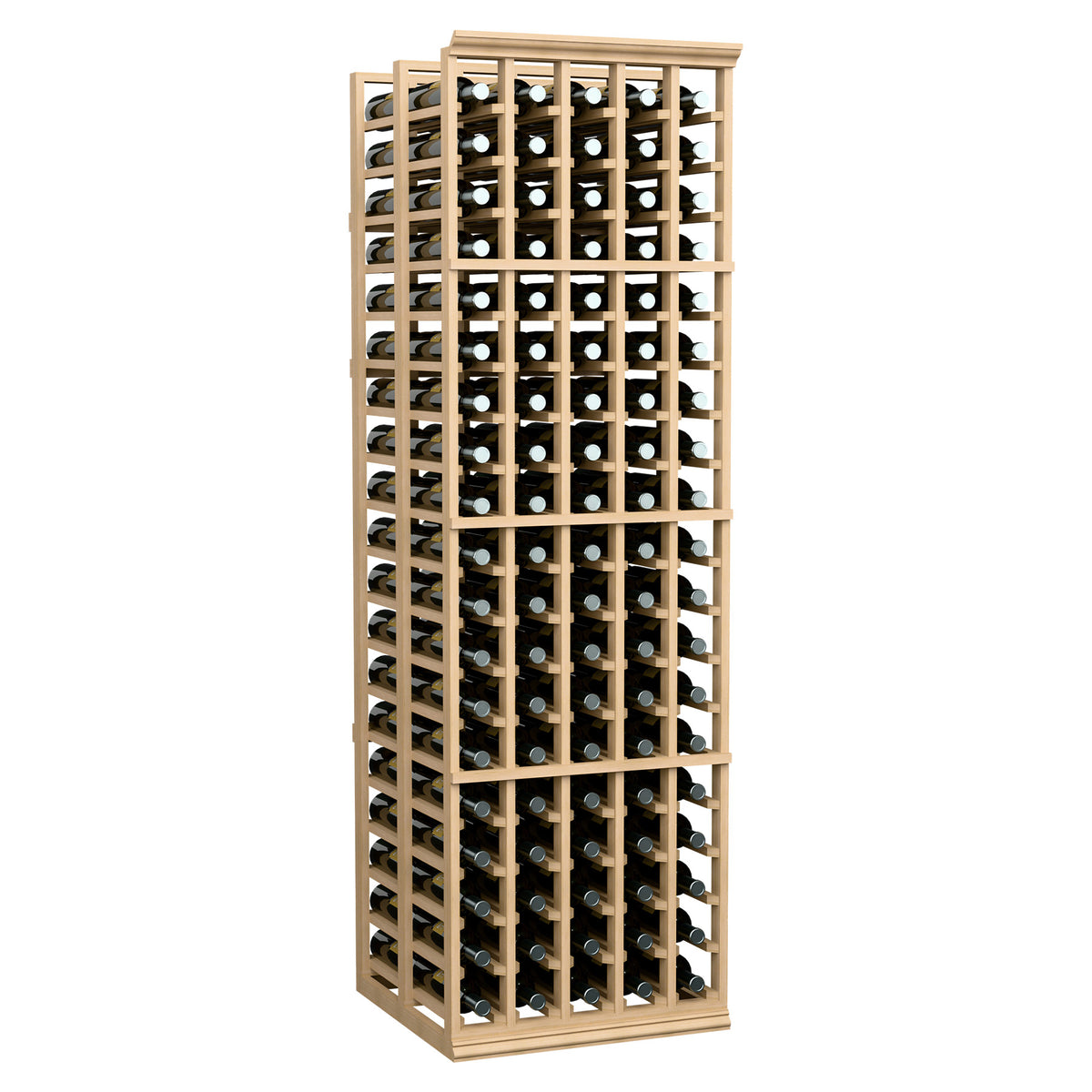 Double-deep wine bottle rack, natural light wood frame with multiple bottle rows