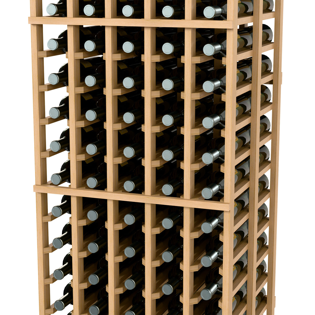 Light wood double-deep wine bottle rack with 5 columns, front view filled with bottles