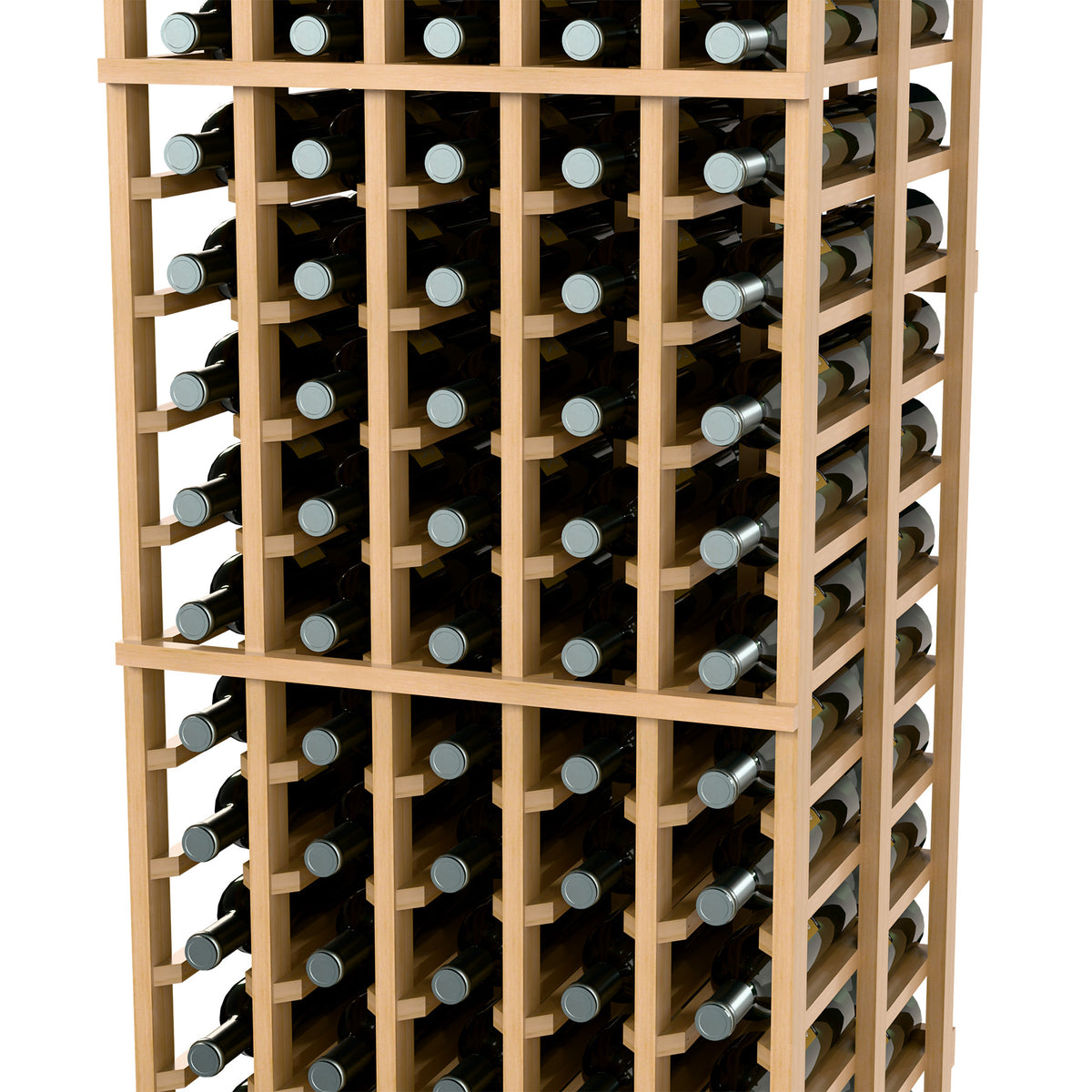Light wood double-deep wine bottle rack with 5 columns, close-up front shelves with bottles