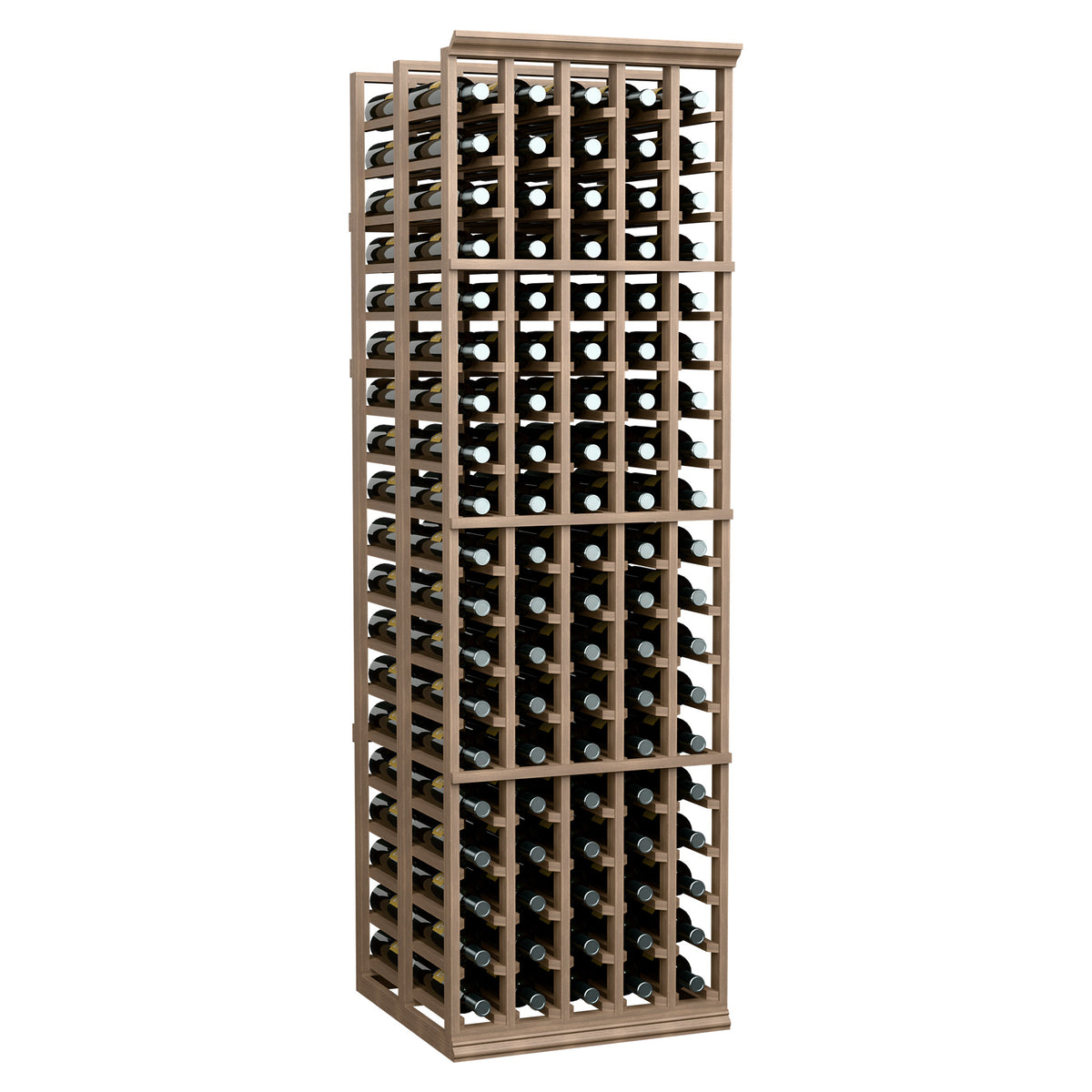 Dark wood double-deep wine bottle rack with 5 columns, full height view filled