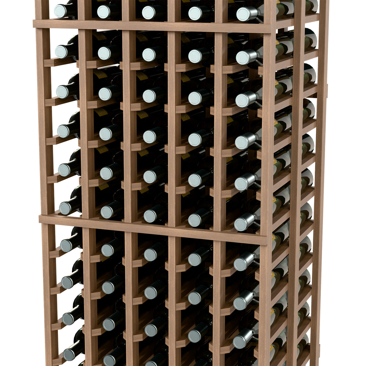 Medium wood double-deep wine bottle rack with 5 columns, filled bottle slots close-up