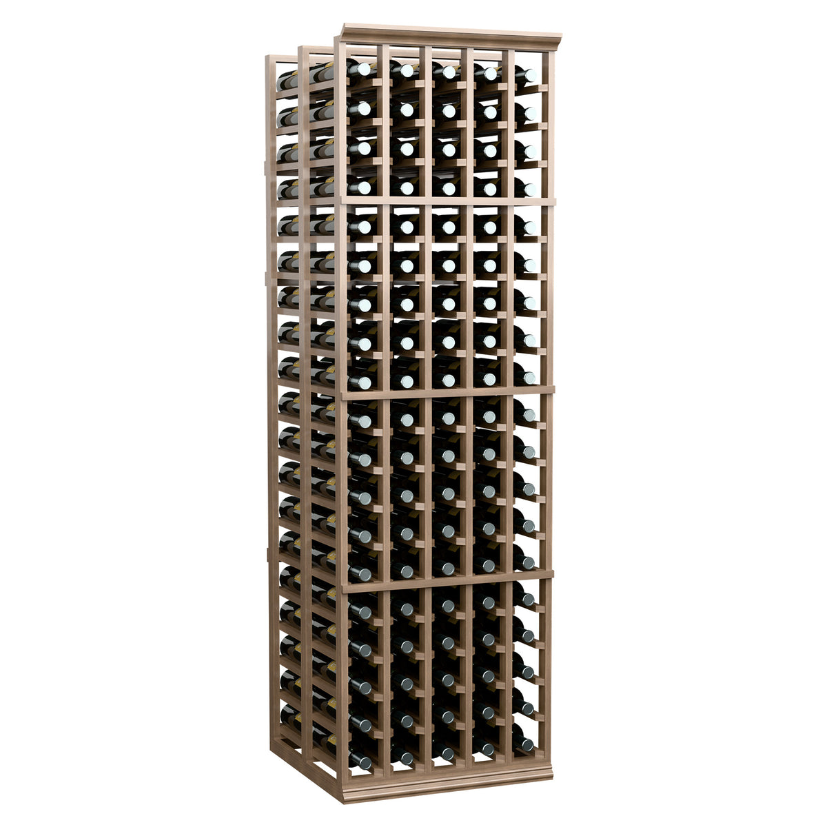 Dark wood double-deep wine bottle rack with 5 columns, full height view