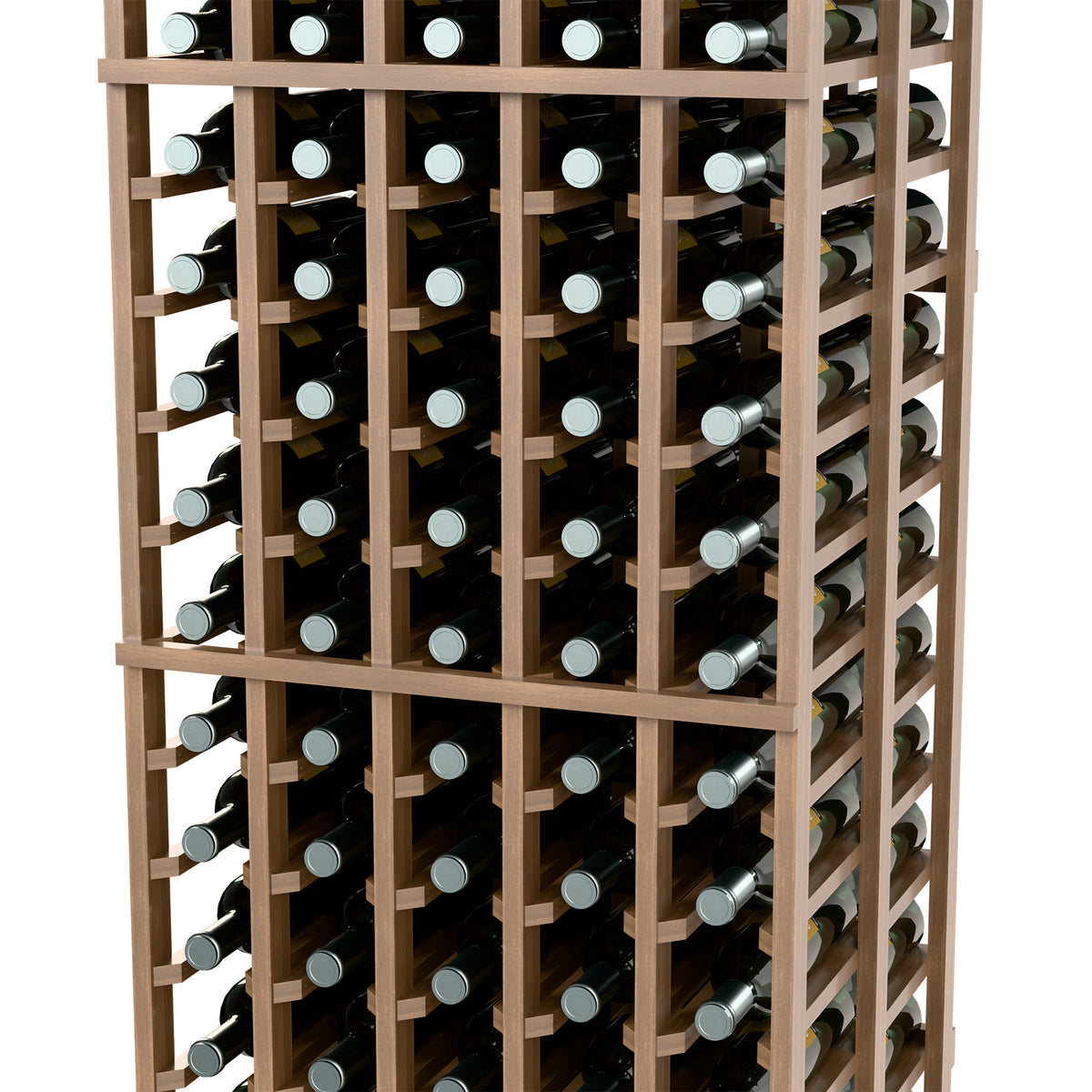 Light wood double-deep wine bottle rack with 5 columns, front and side perspective