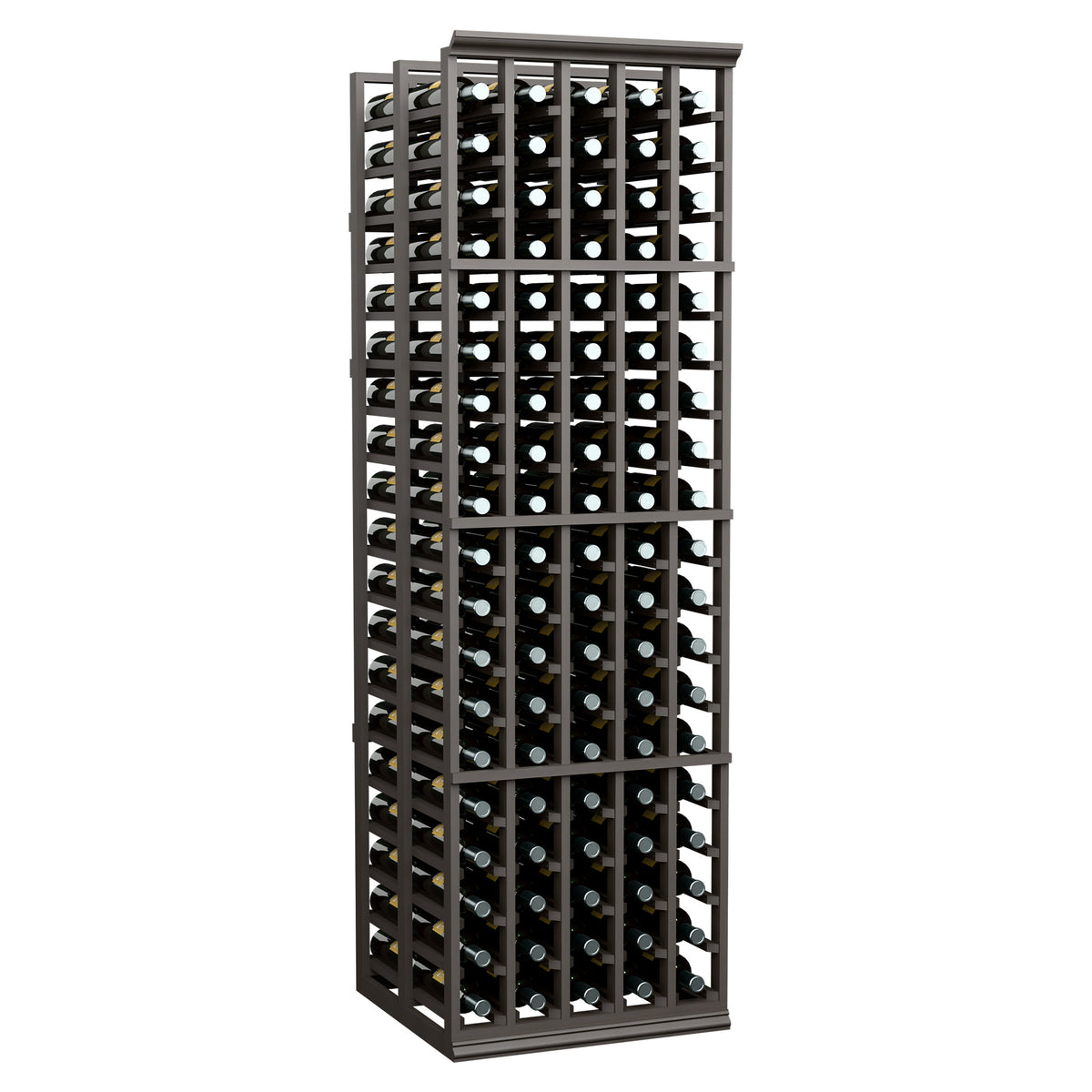 Black double-deep wine bottle rack with 5 columns, full height view