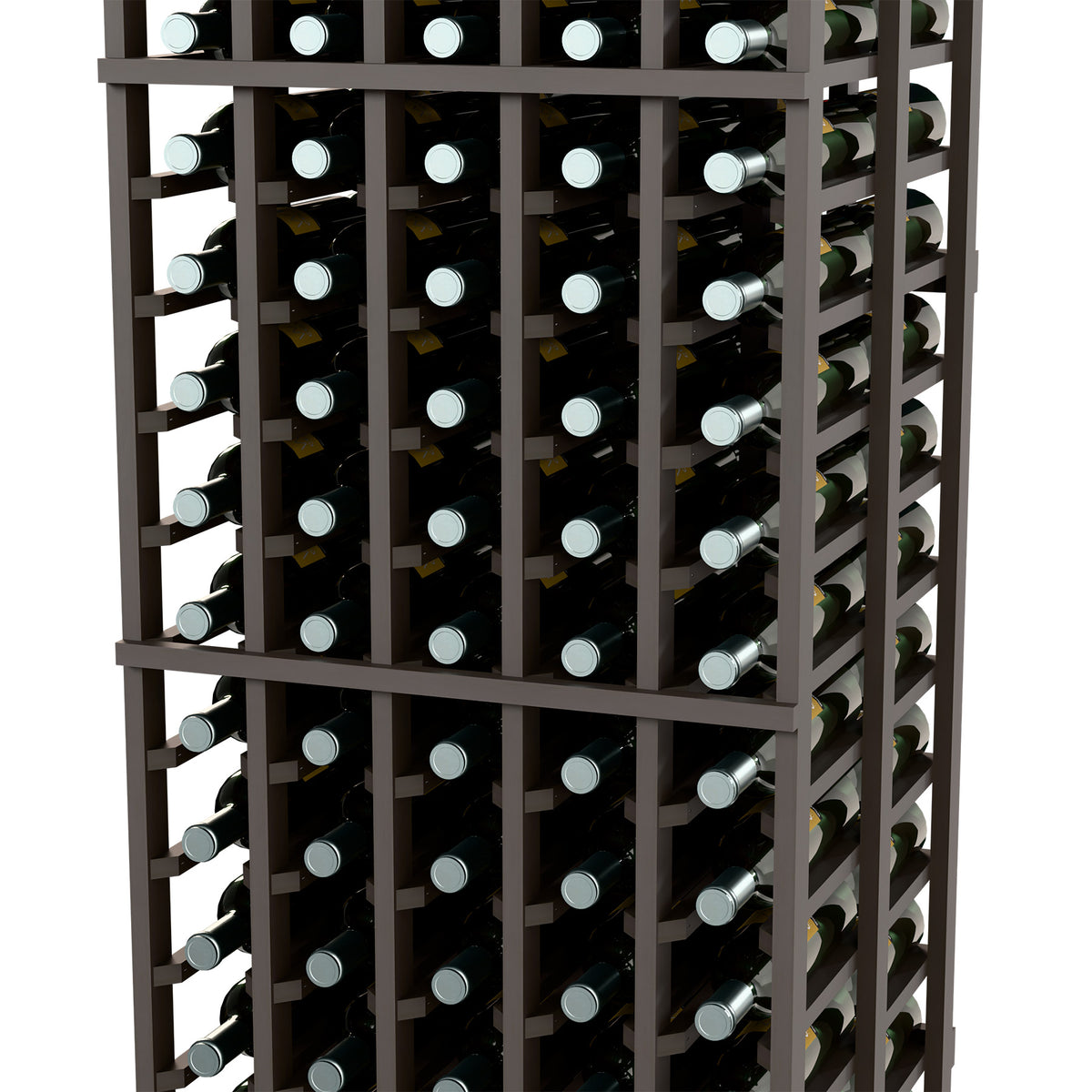 Gray double-deep wine bottle rack with 5 columns, close-up front with bottle necks