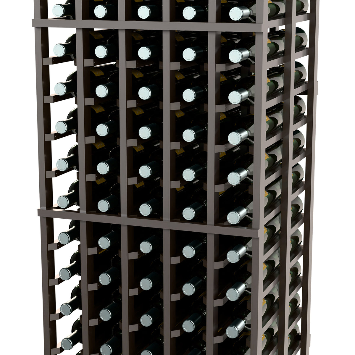 Wine bottle storage rack with 5 columns and double-deep bottle rows, dark finish