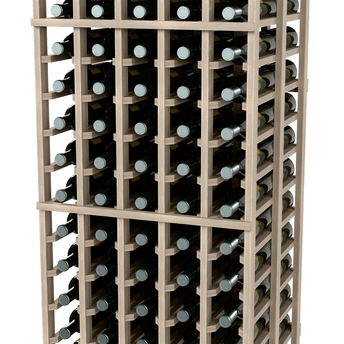 Wine bottle storage rack with 5 columns and double-deep bottle rows, light wood frame