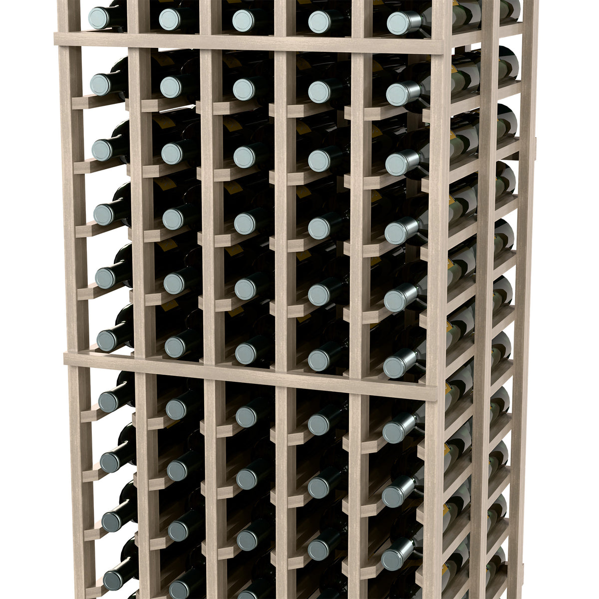 Wine bottle storage rack with 5 columns and double-deep bottle rows, light wood frame