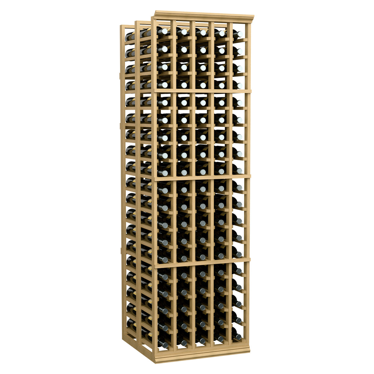 Tall wine bottle storage rack with 5 columns and double-deep bottle rows, pale wood finish