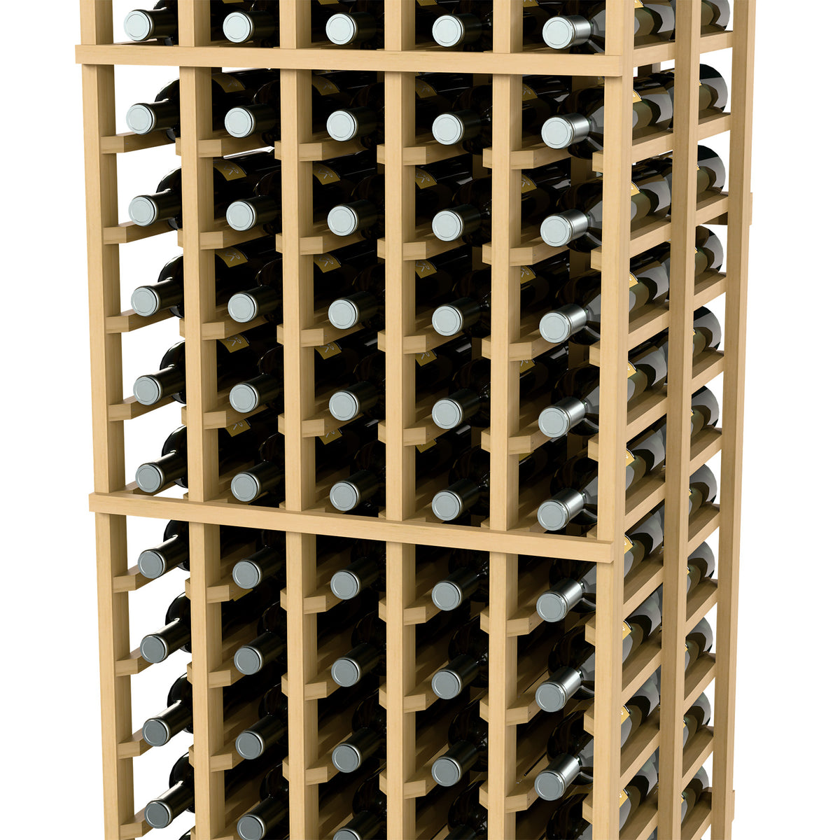 Wine bottle storage rack with 5 columns and double-deep bottle rows, natural wood color