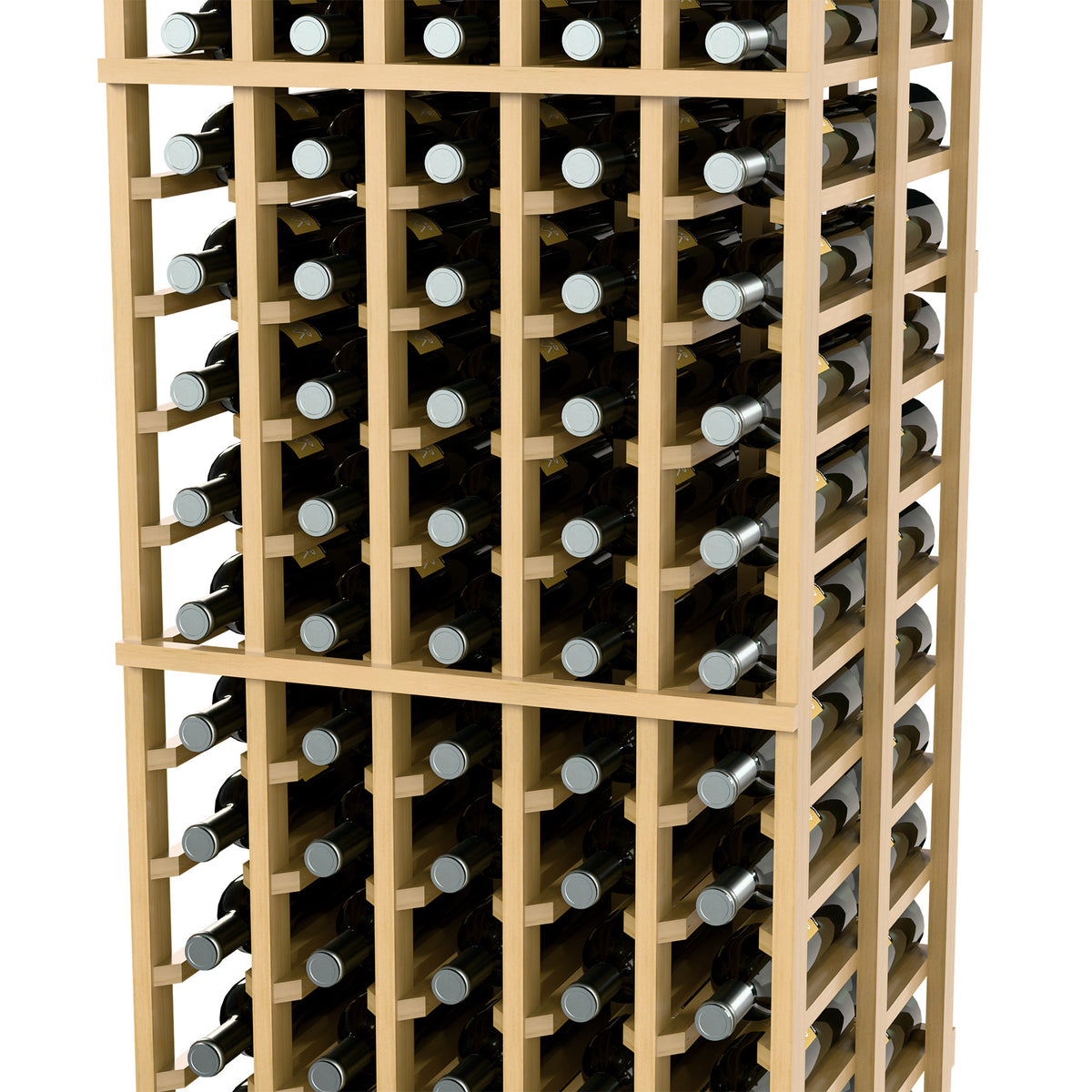 Wine bottle storage rack with 5 columns and double-deep bottle rows, light wood frame