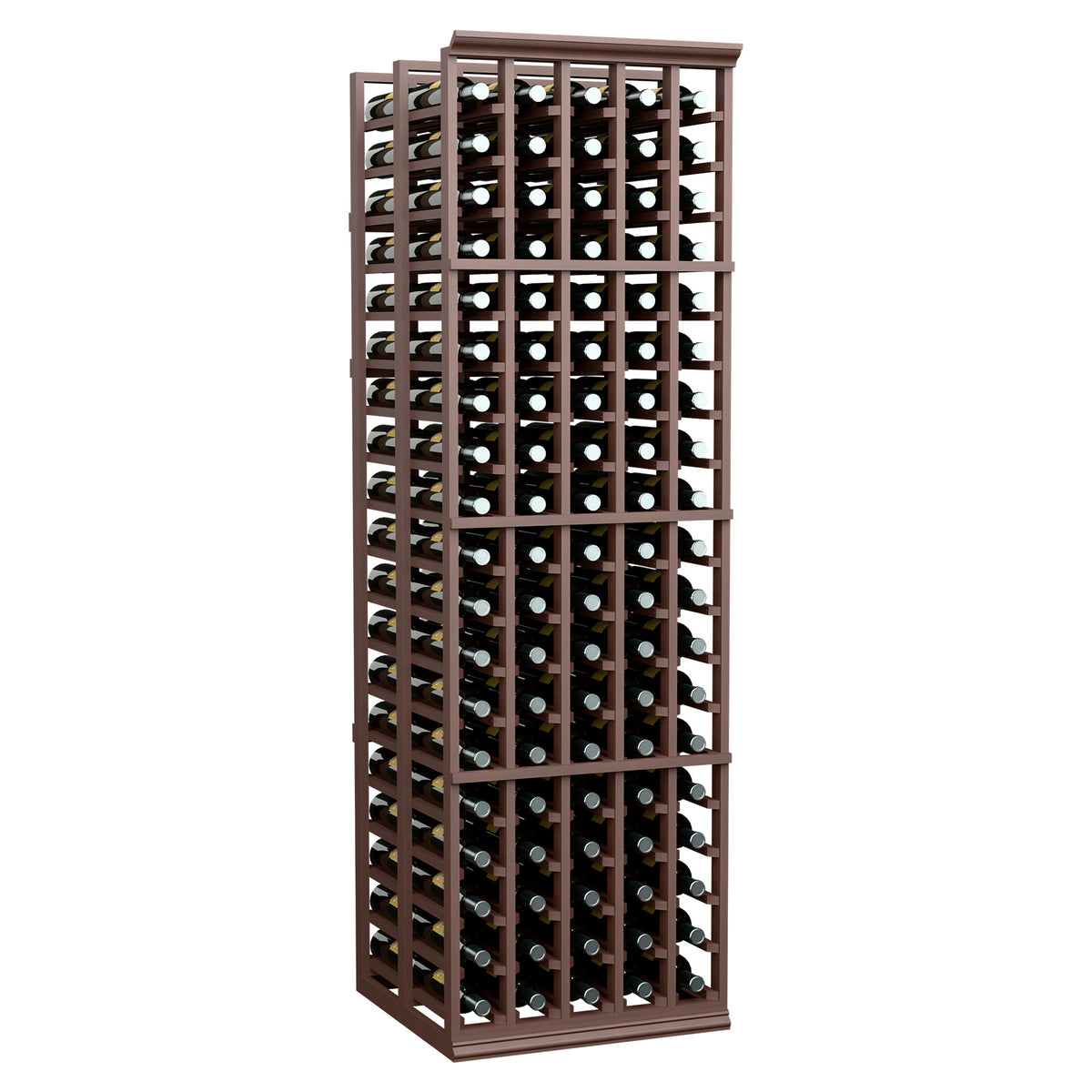 Tall wine bottle storage rack with 5 columns and double-deep bottle rows, rich brown finish