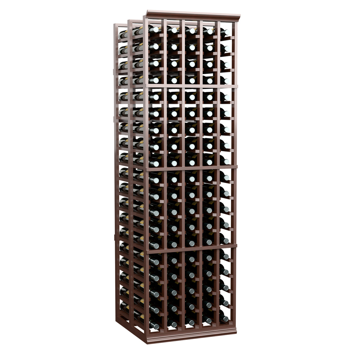 Double deep wine bottle rack with dark brown frame, 5 columns and many bottle holders