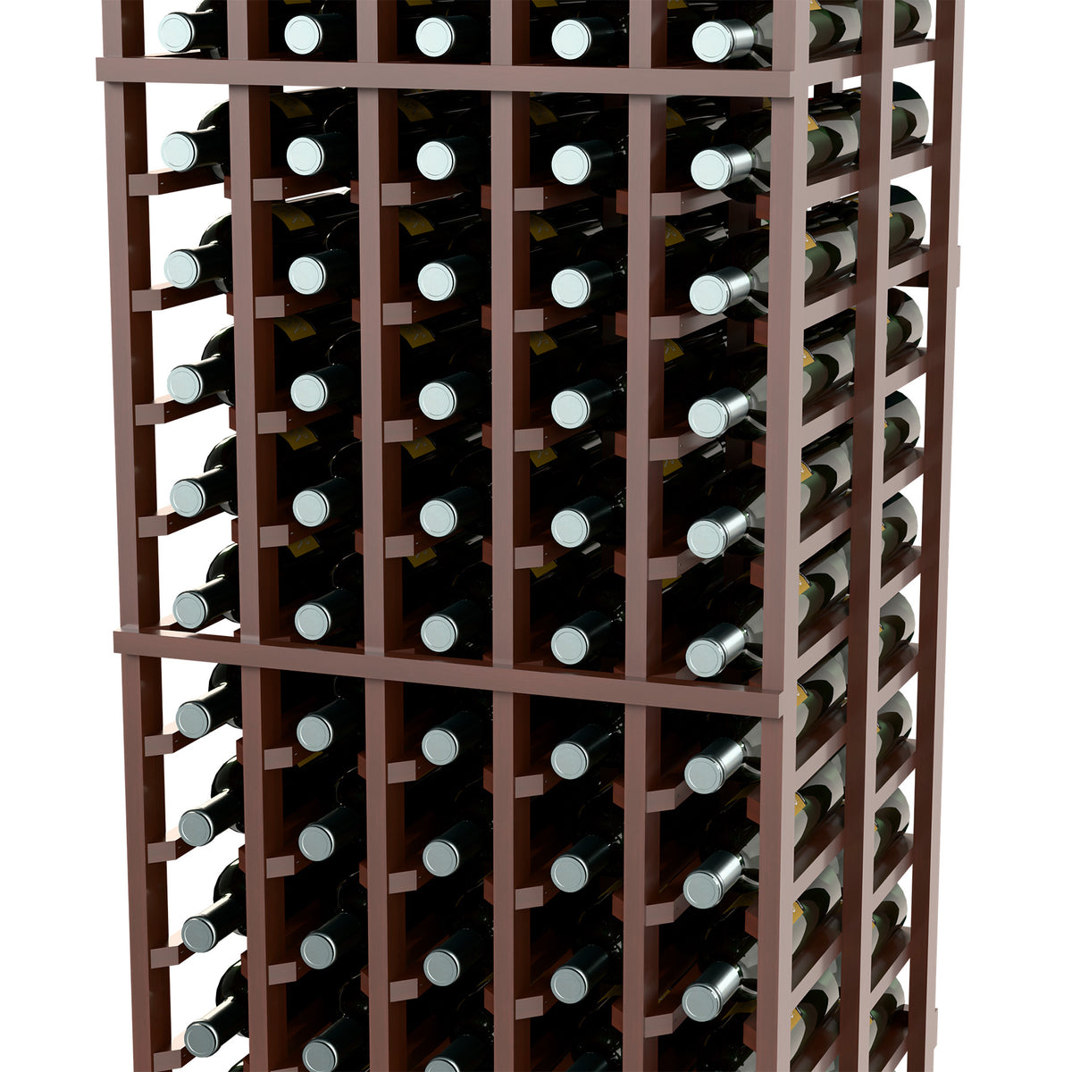 Dark brown wine bottle rack with bottle compartments in a double deep, 5-column layout