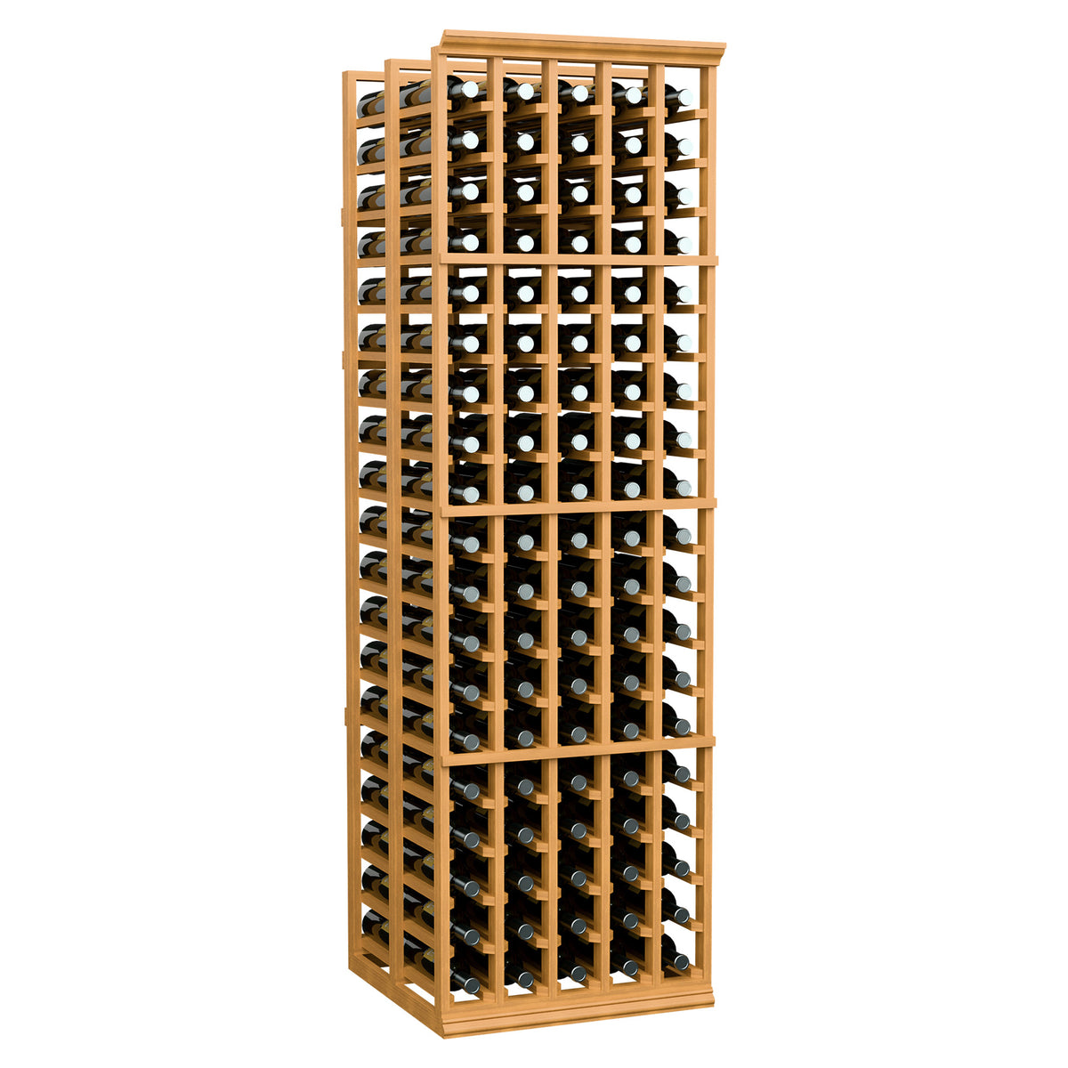 5-column double deep wine bottle rack with light honey wood frame and bottle slots