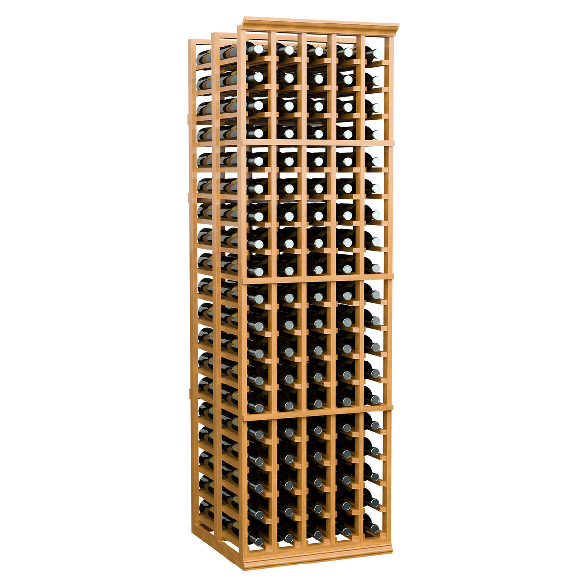 Double deep wine bottle rack with light honey frame, full 5-column bottle storage