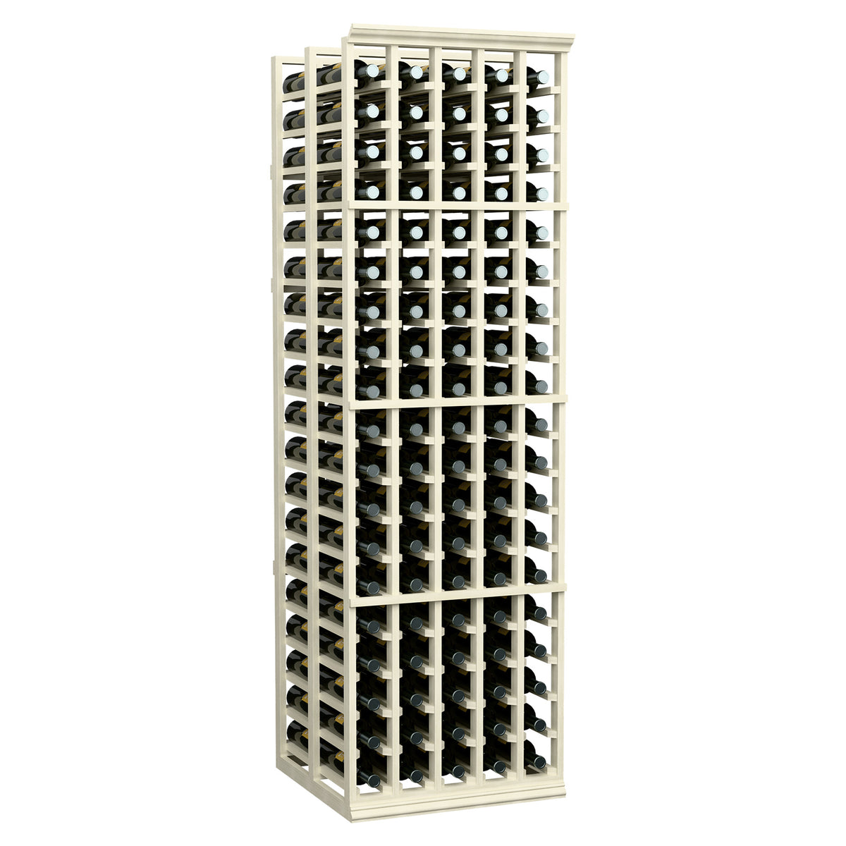 Wine bottle rack with white-wash frame, double deep storage and 5 columns of slots