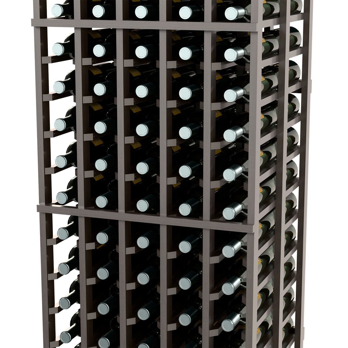 Dark 5-column double-deep wine rack with front grid and visible bottle necks