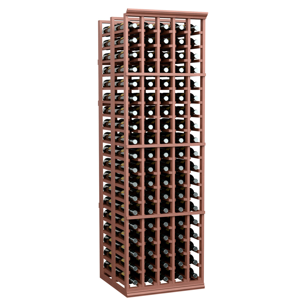 Red-brown 5-column double-deep wine rack with open lattice and bottle holders