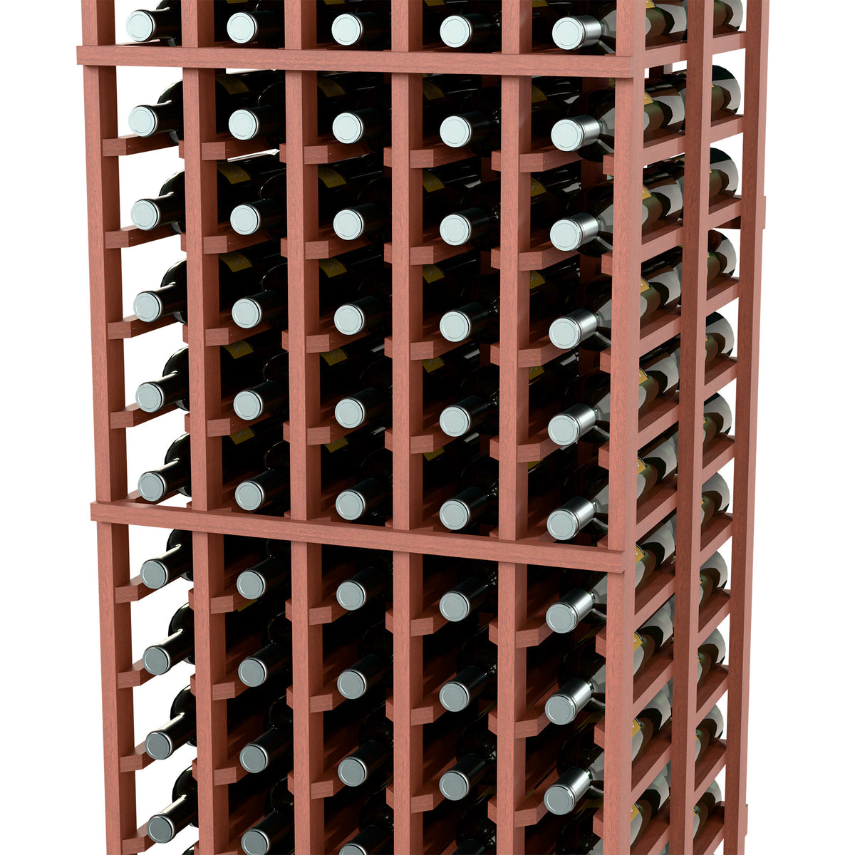 Red-brown 5-column double-deep wine rack close-up of front grid and slots