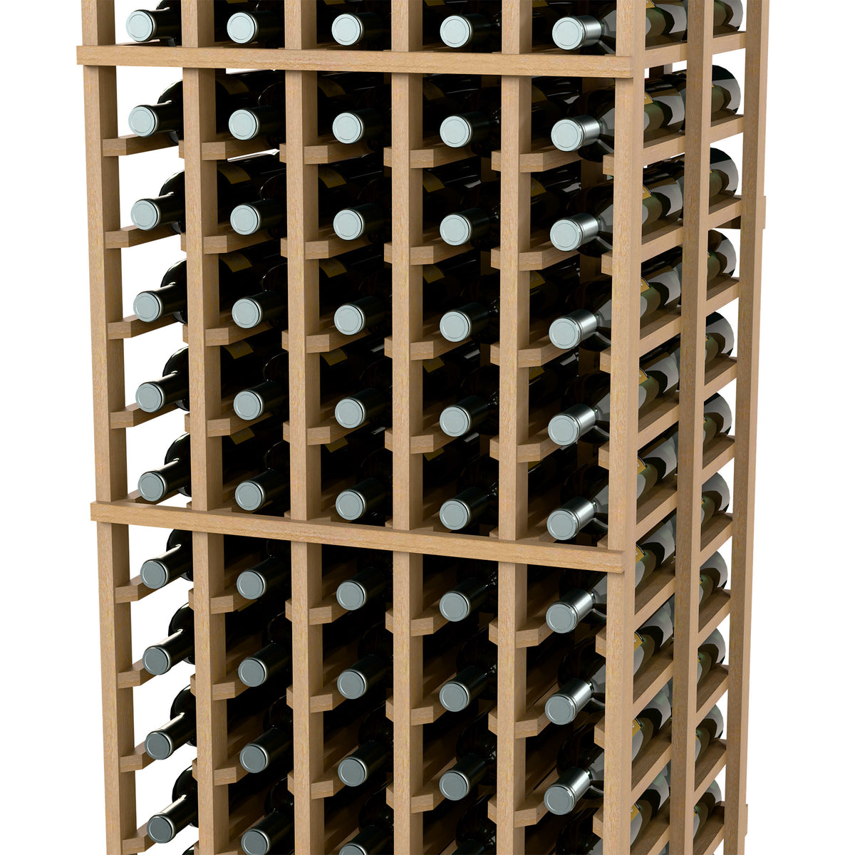 Light wood wine bottle rack with double-deep storage and open front cells