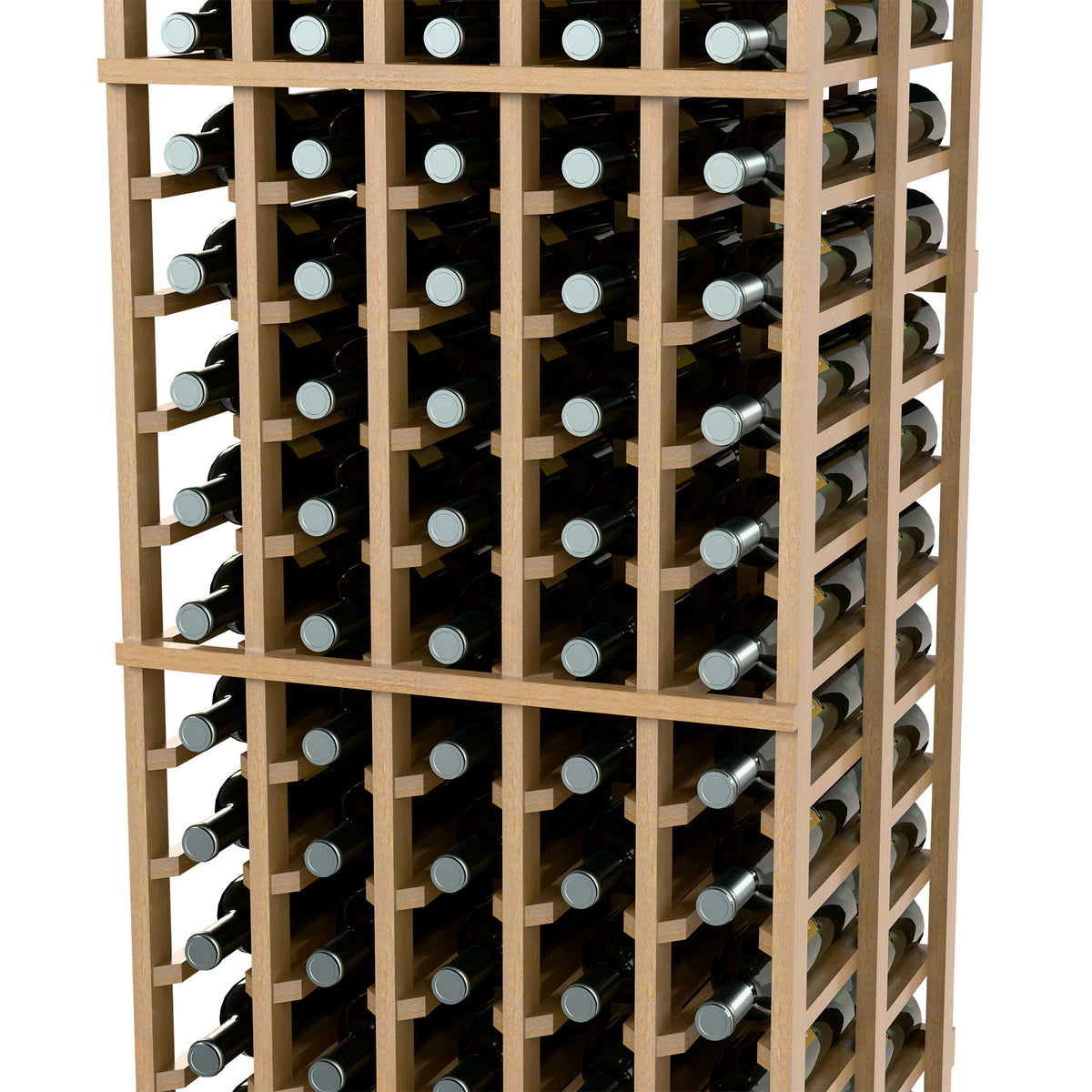 Light wood double-deep wine bottle rack with rows of bottle openings