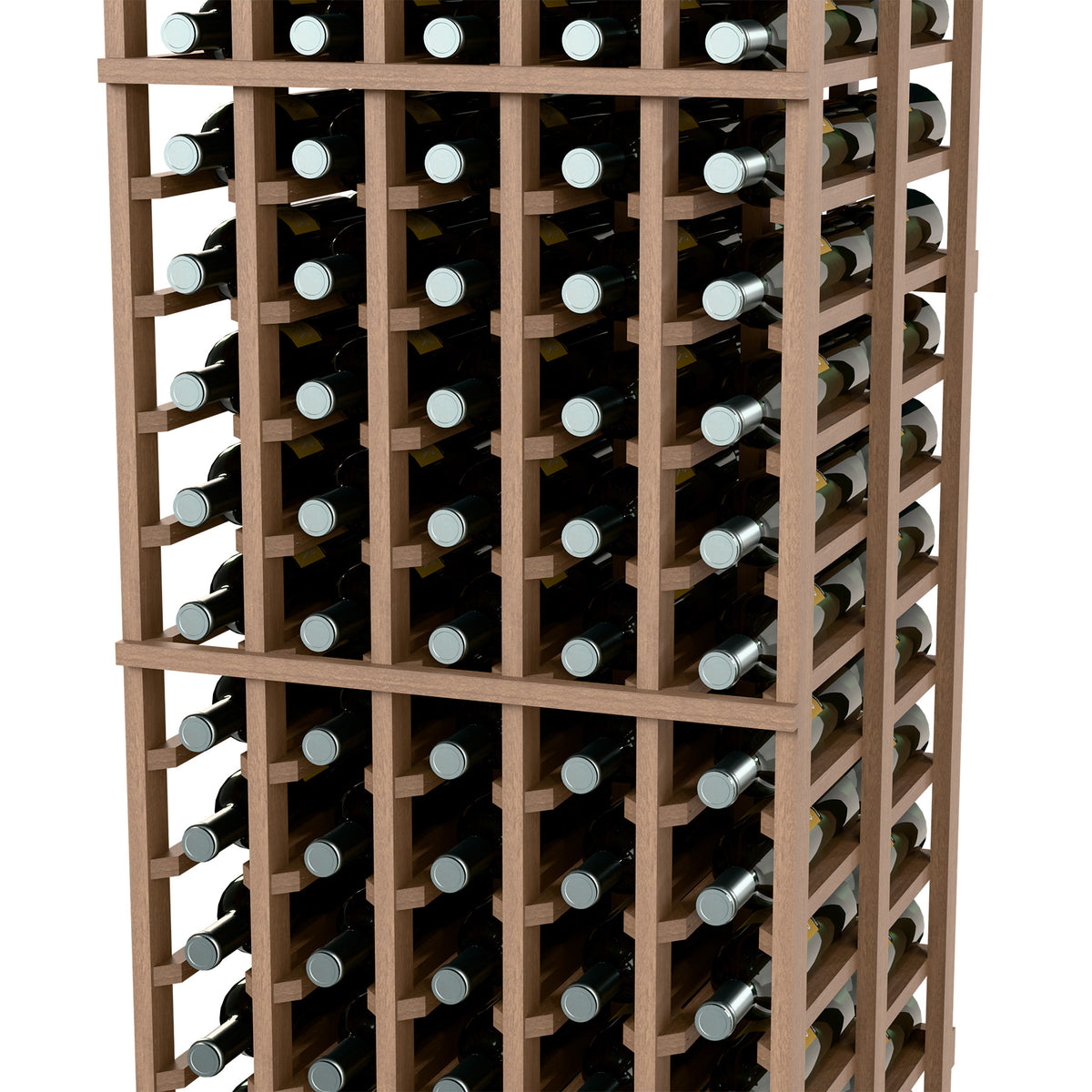Light wood wine bottle storage rack with open compartments for multiple bottles