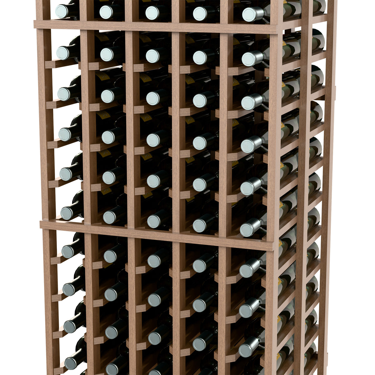 Light wood double-deep wine bottle rack with evenly spaced bottle holders