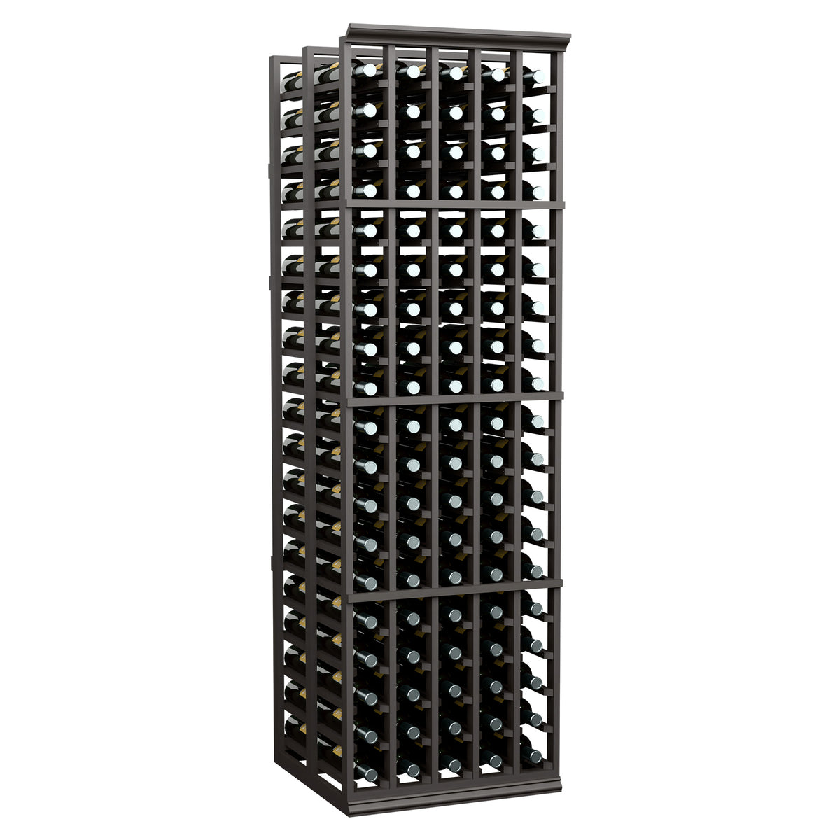 Dark-stained tall wine bottle rack with double-deep bottle storage