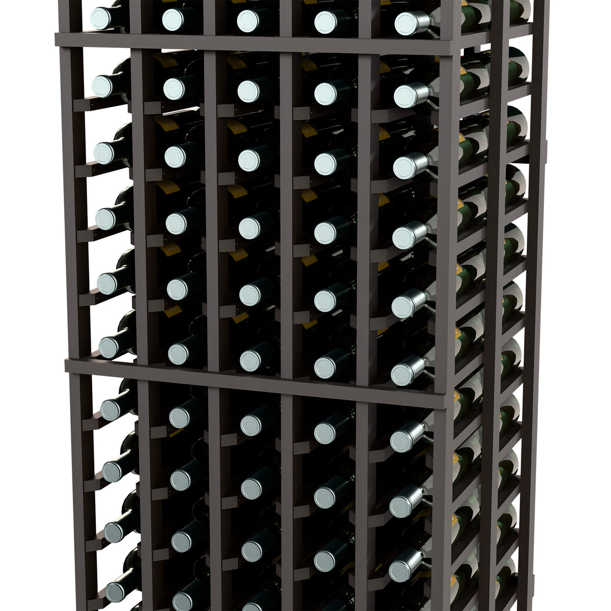Dark wine bottle rack with double-deep openings and bottle slots throughout