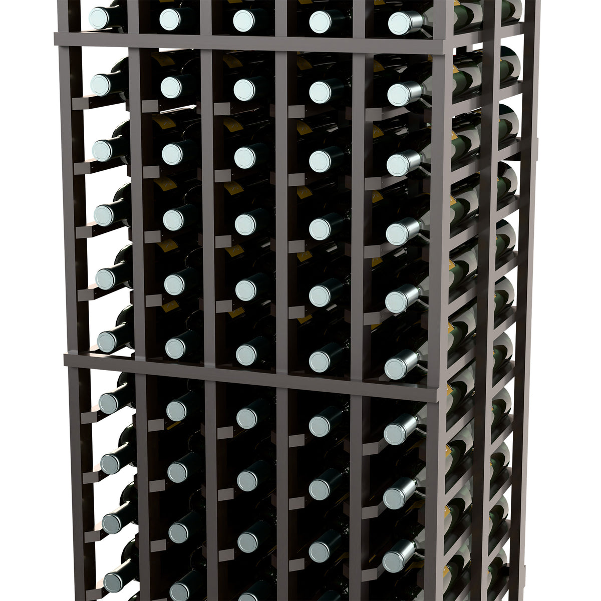 Double-deep wine bottle rack with dark wood frame and rows of bottles