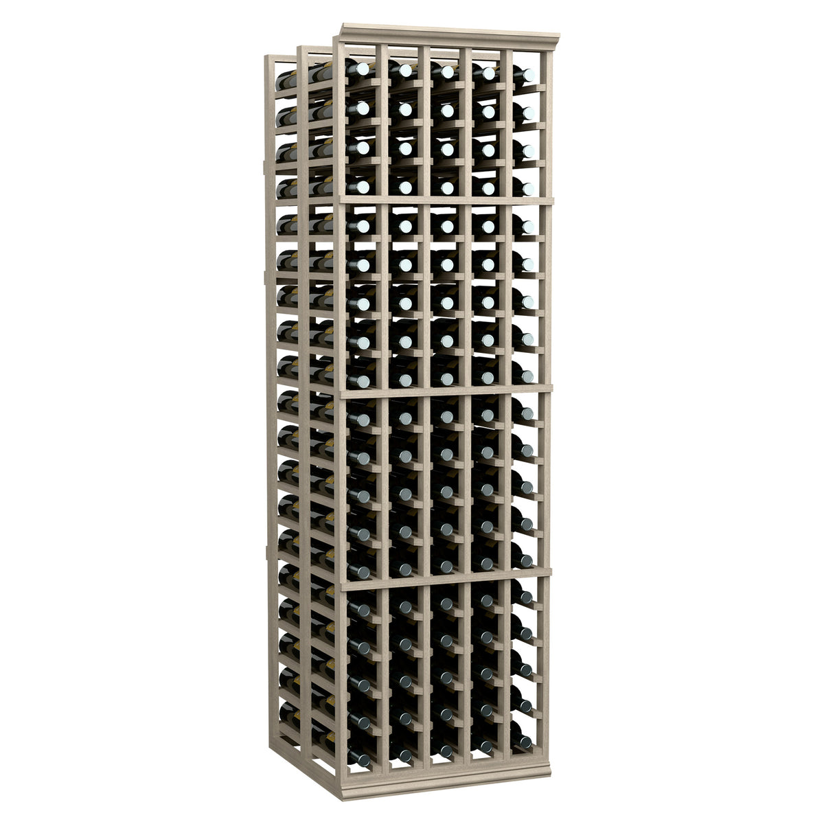 Double-deep wine bottle rack with light wood frame and front rows of bottles