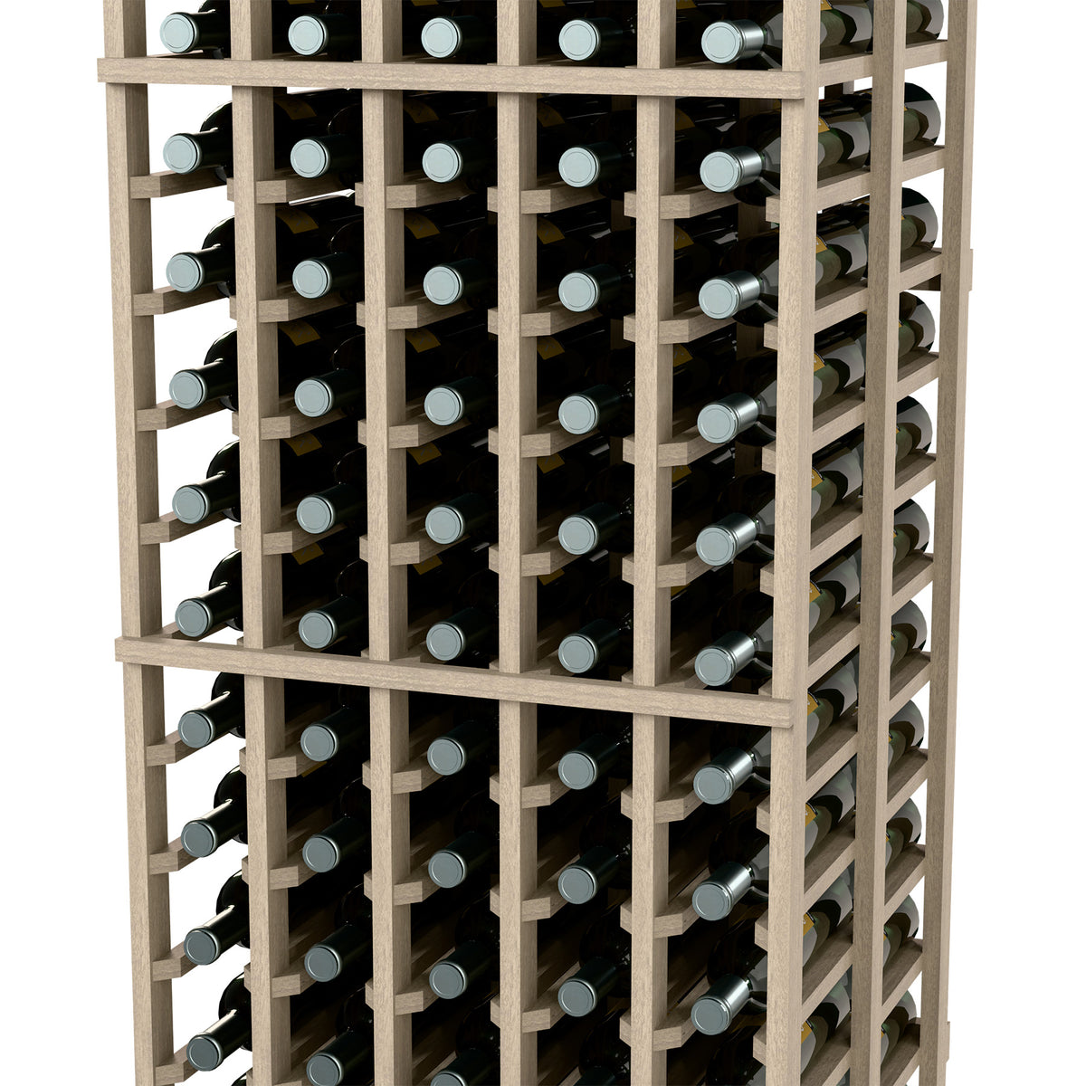 Double-deep wine bottle rack with light wood grid holding bottles in compartments