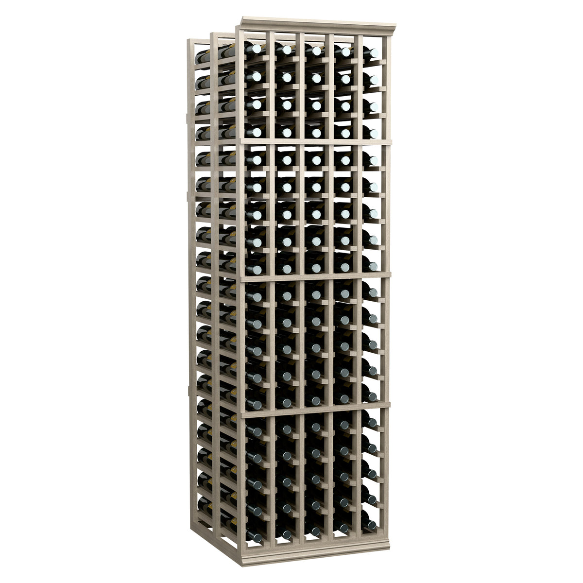 Double-deep wine bottle rack with dark wood grid holding wine bottles in slots