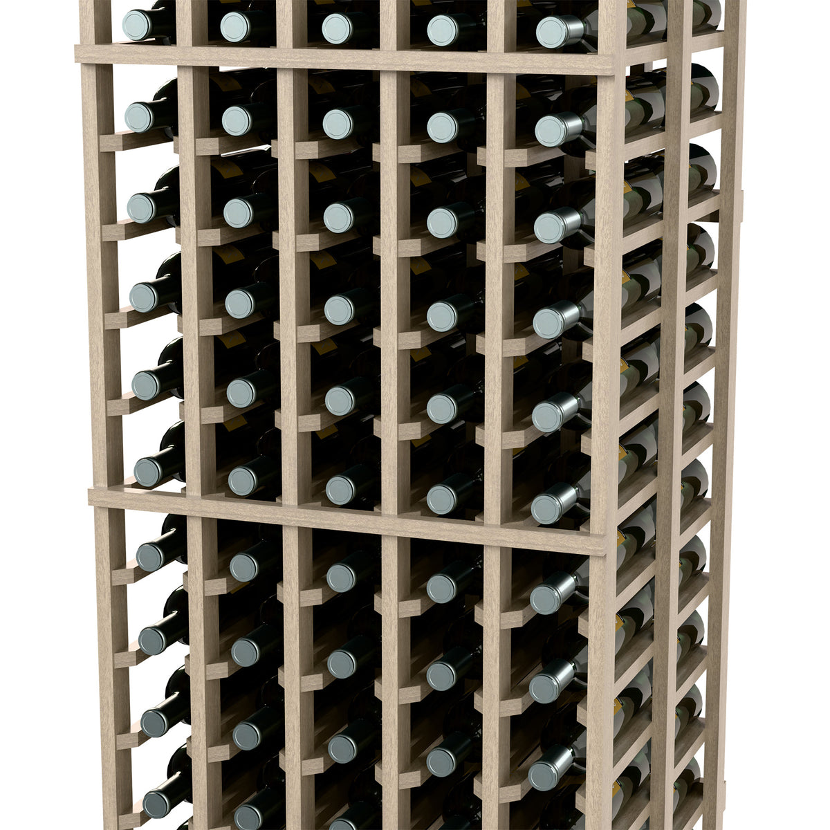 Double-deep wine bottle rack with light wood grid and visible bottle necks