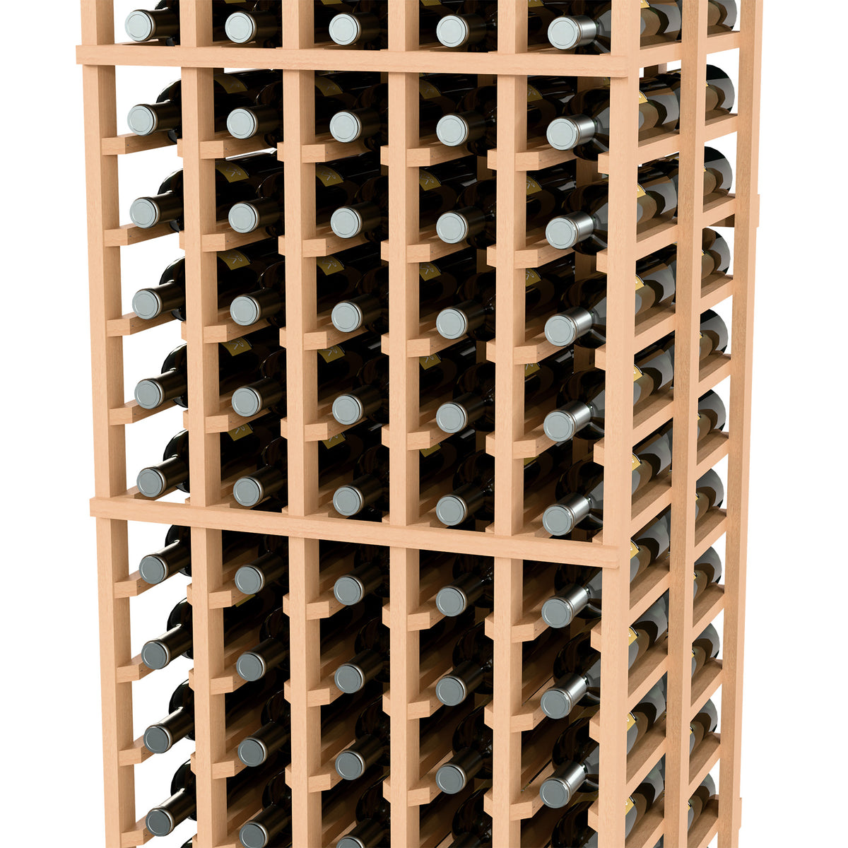 Double-deep wine bottle rack with pale wood frame and grid of wine bottles