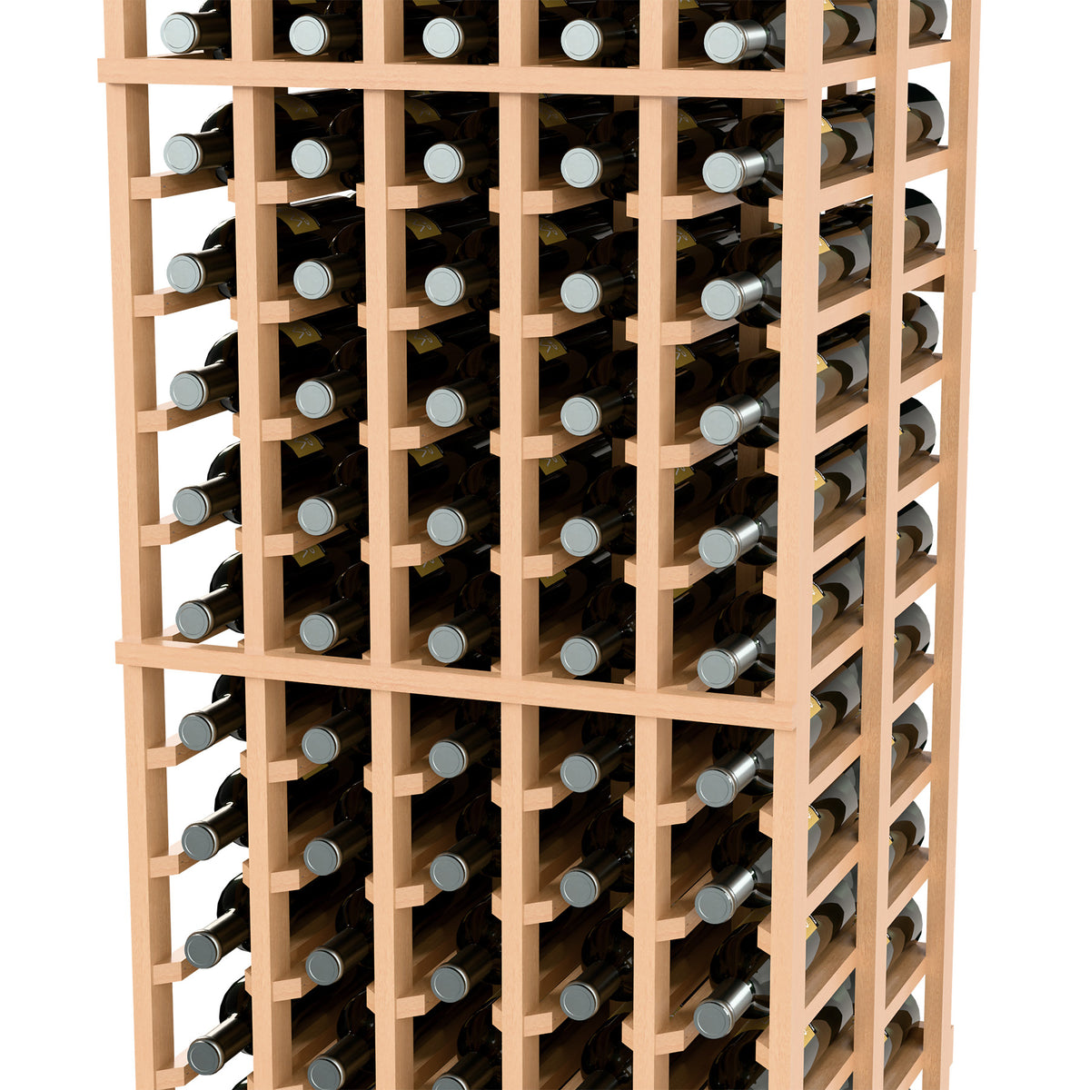 Double-deep wine bottle rack with pale wood frame and multiple bottle slots