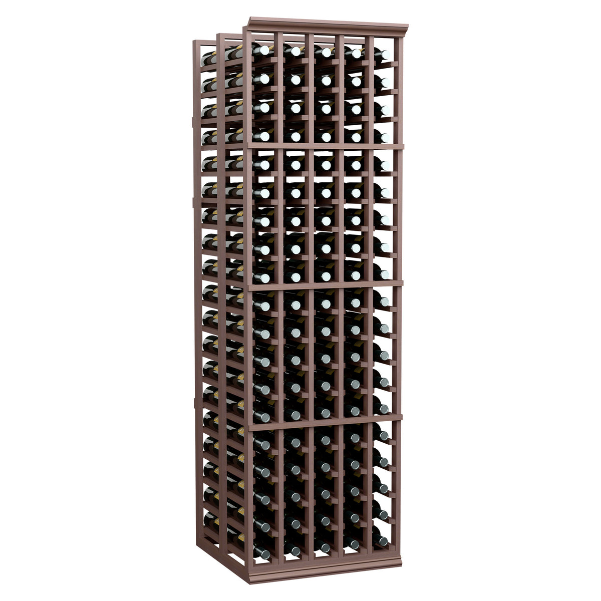 Double-deep wine bottle rack with dark wood frame and front rows of wine bottles