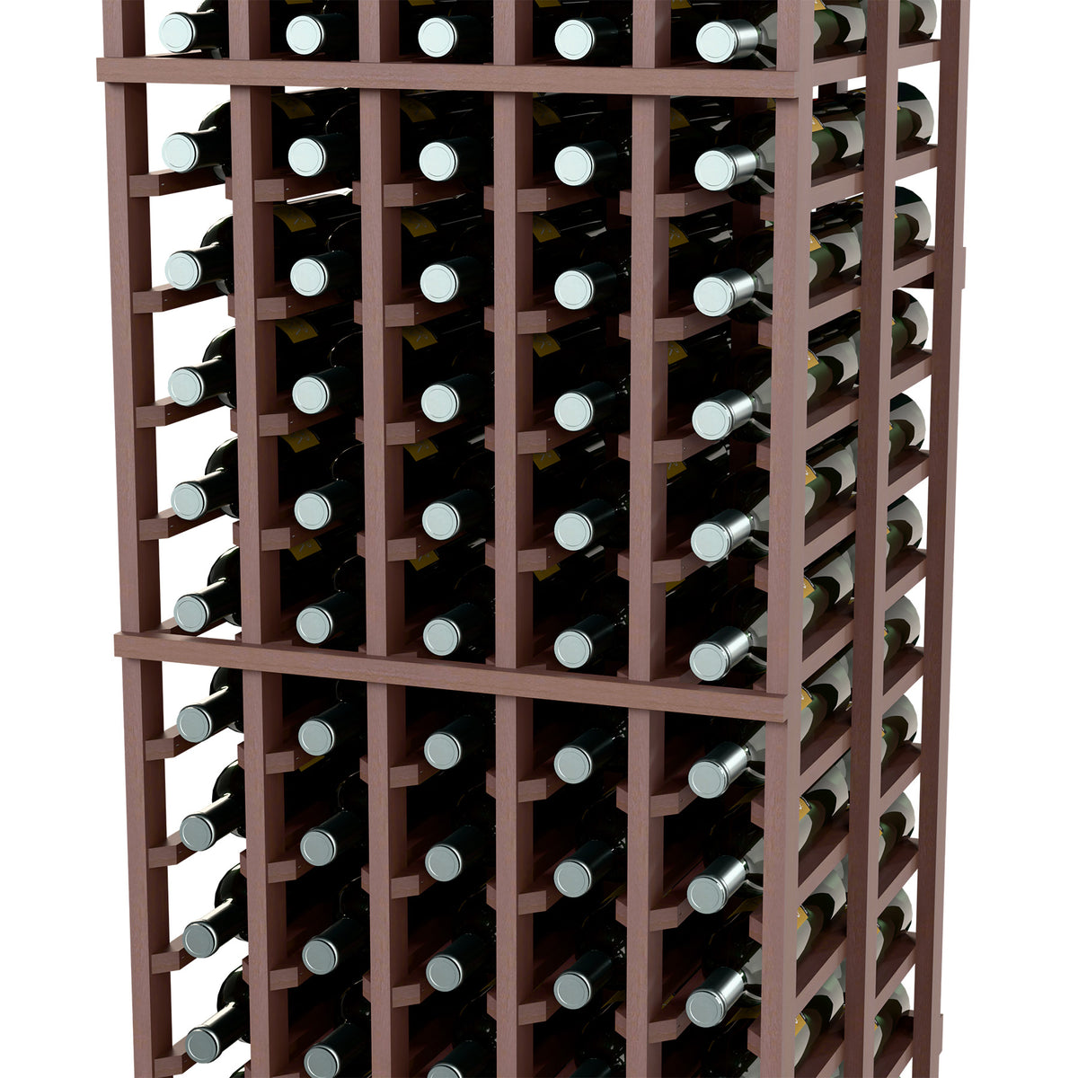 Double deep standard wine bottle rack with dark wood dividers and filled bottles