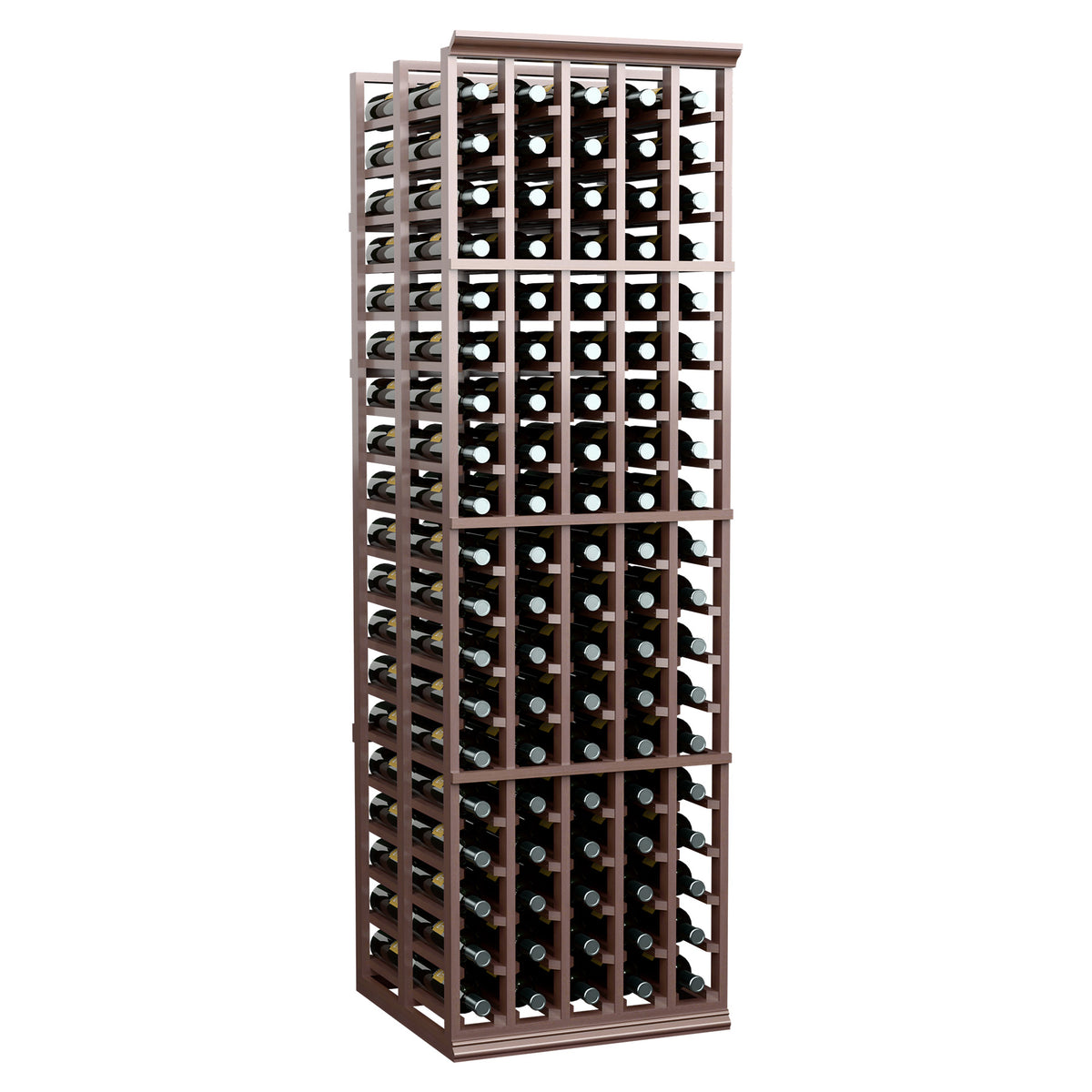 Tall double deep wine bottle rack with dark wood frame and rows of bottles