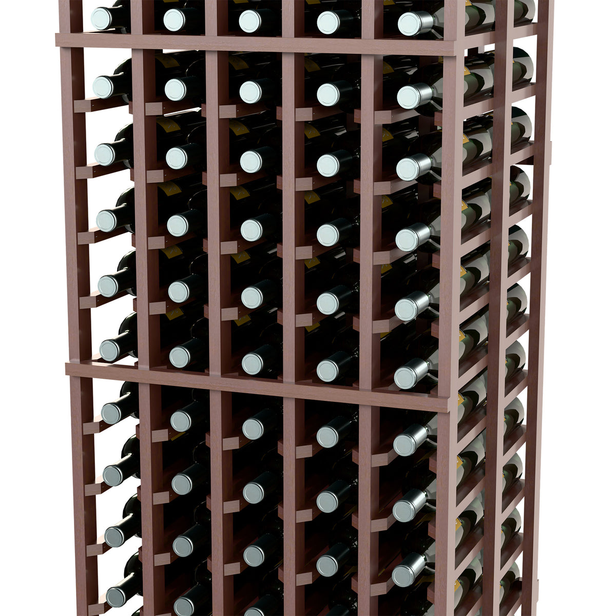 Double deep wine bottle rack with dark wood frame and bottle slots on both sides