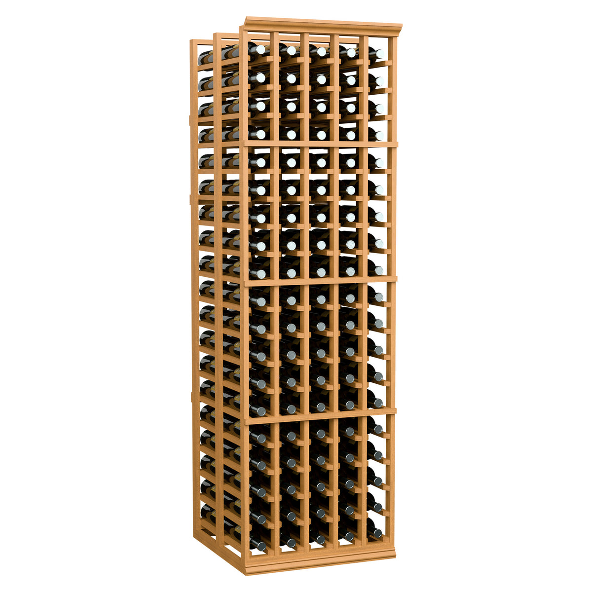 Tall double deep wine bottle rack with light wood frame and filled bottle cells