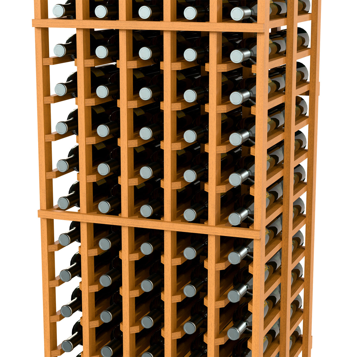 Double deep wine bottle rack with light wood dividers and bottles in rows