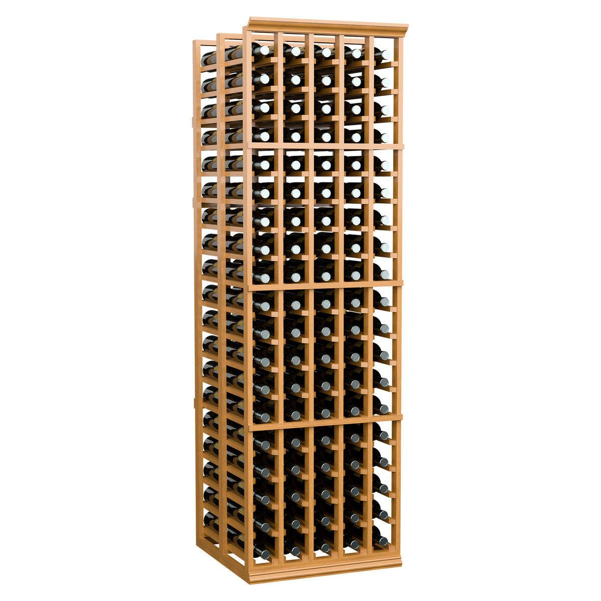 Tall double deep wine bottle rack with light wood frame and multiple bottle rows