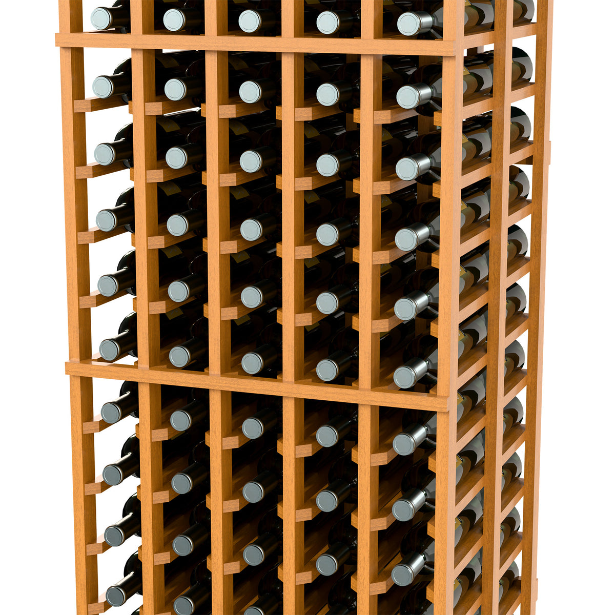 Double deep wine bottle rack with light wood frame and bottle slots on the sides