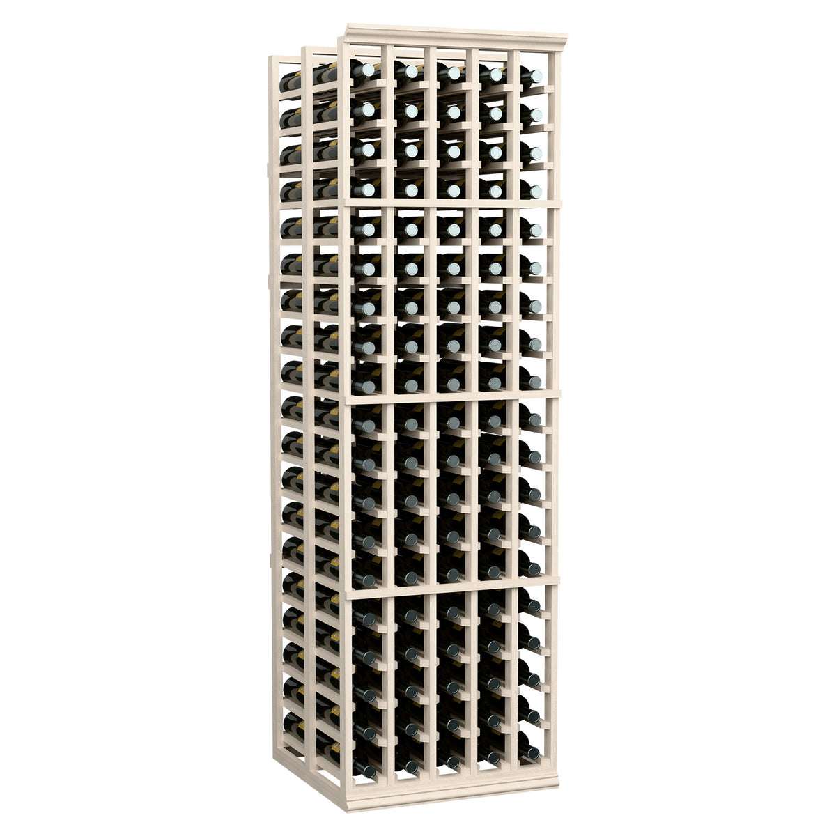 Tall double deep wine bottle rack with whitewashed wood frame and filled bottle cells