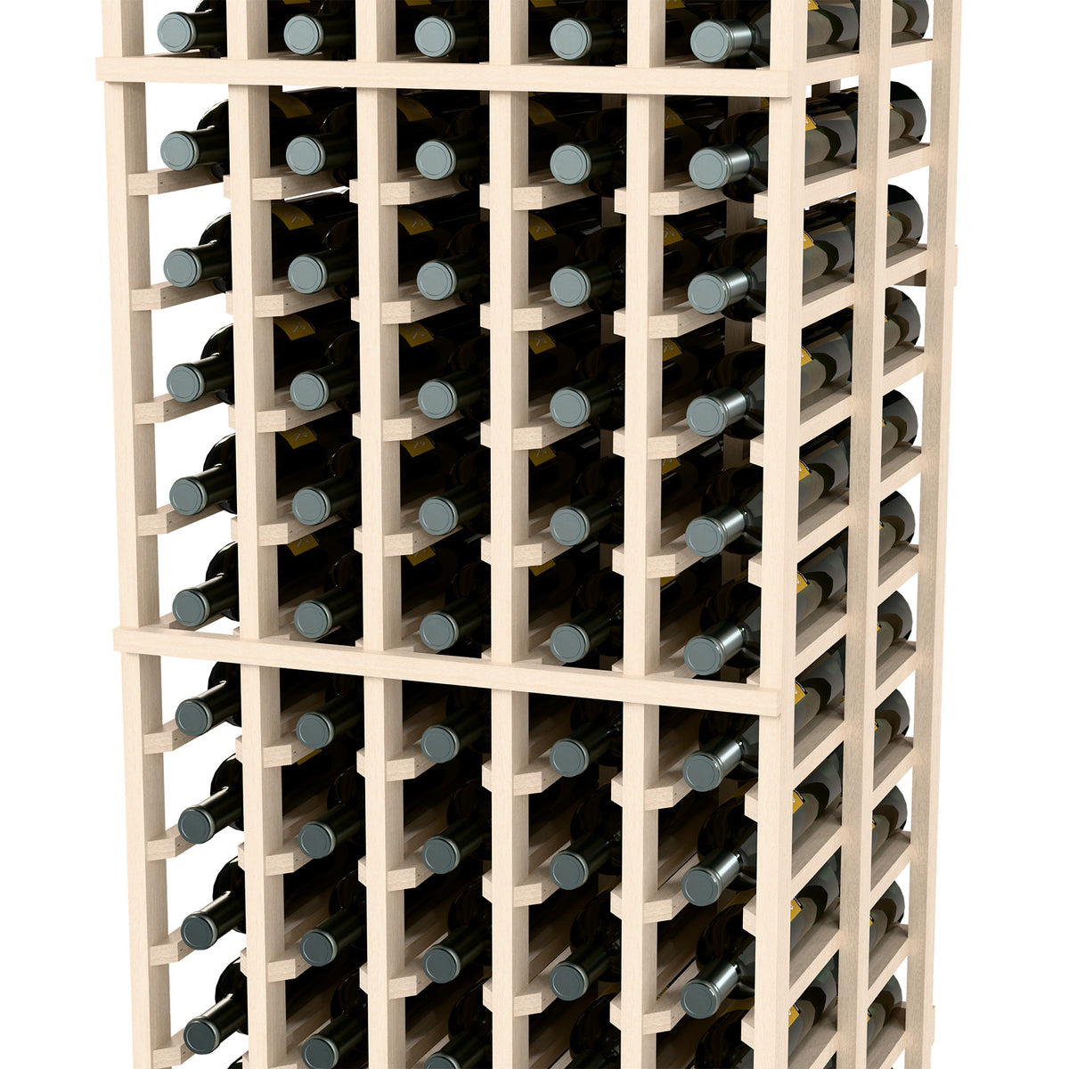 Double deep wine bottle rack with whitewashed frame and bottles stored in slots