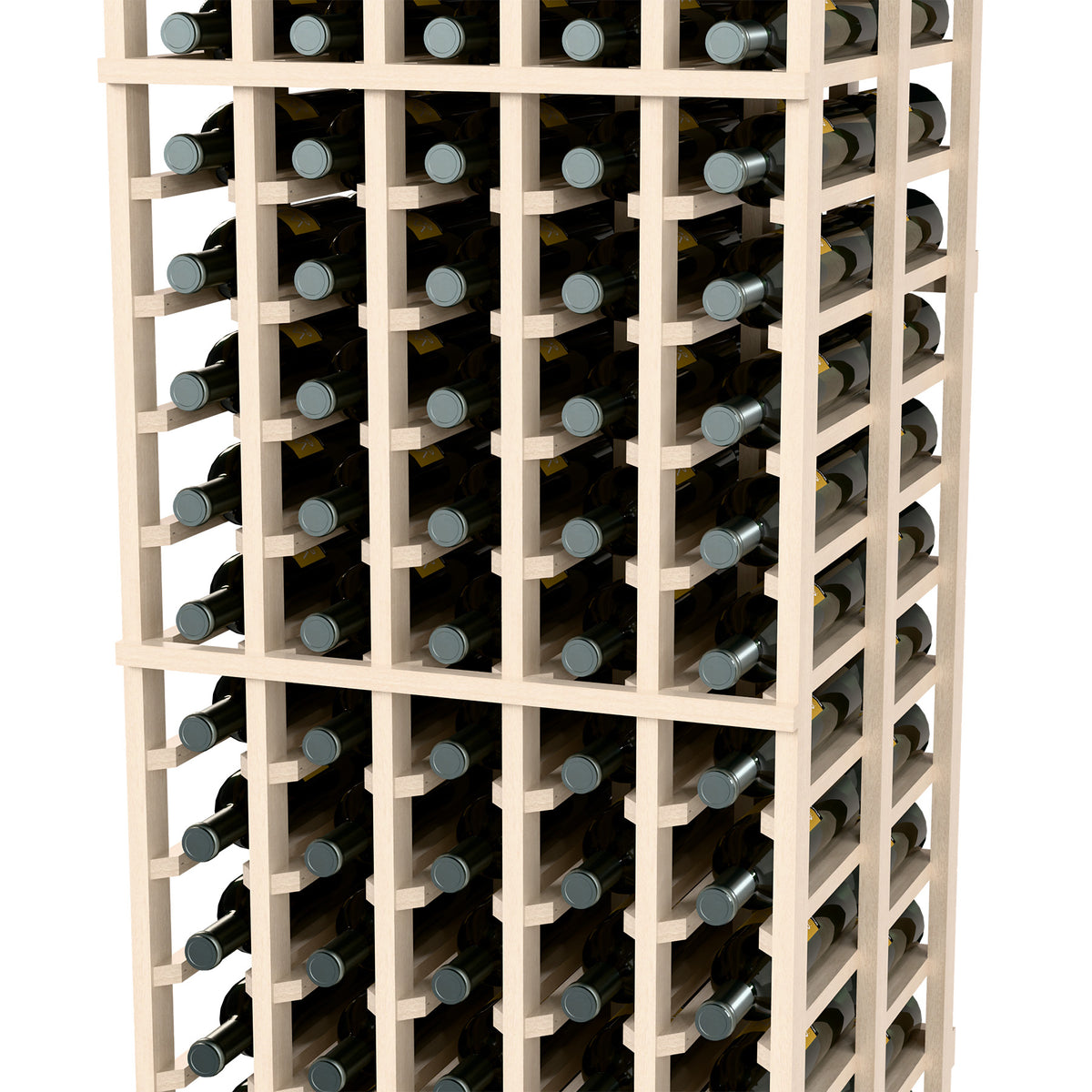 Light wood double-deep wine bottle storage rack with multiple bottle cubbies